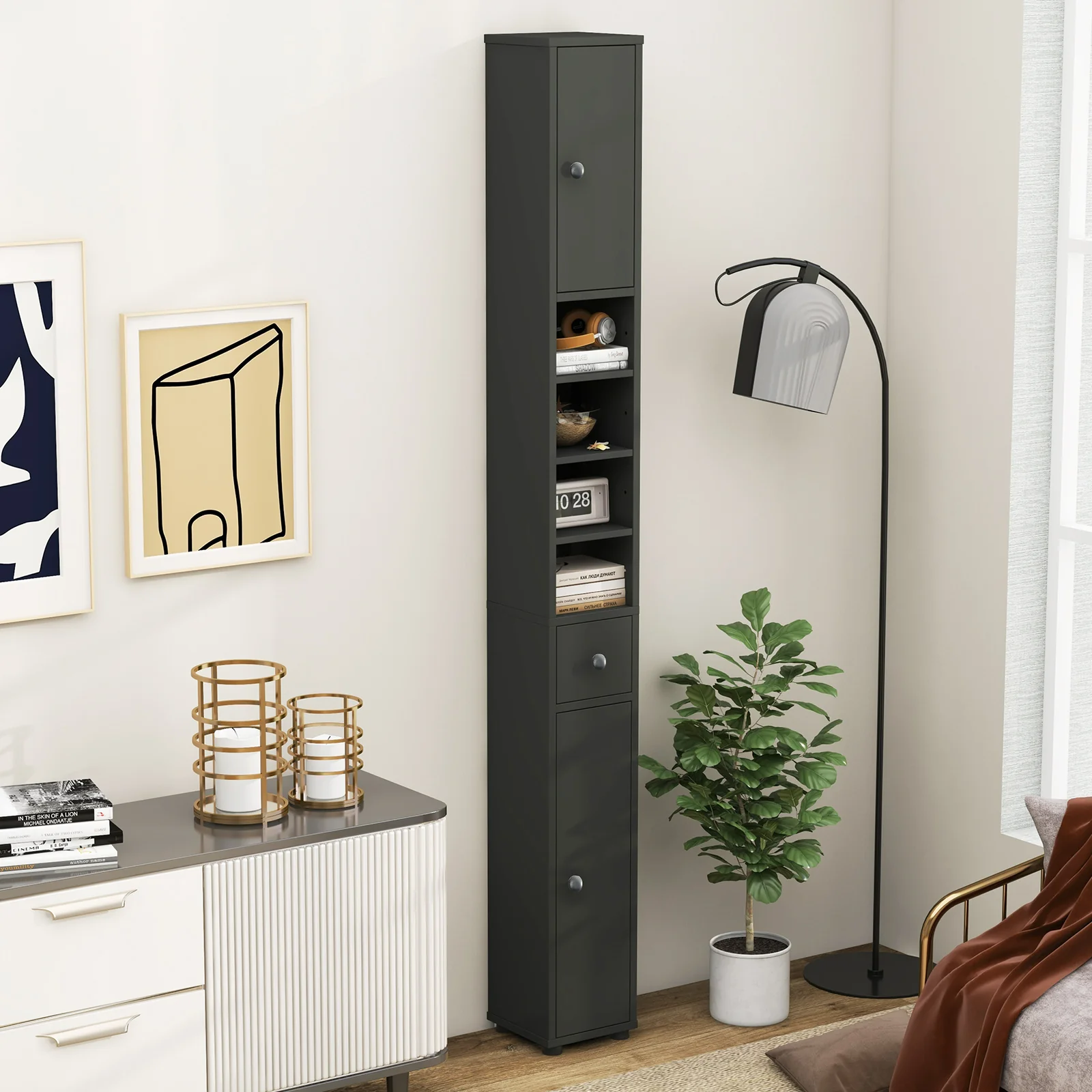 Slim Bathroom Cabinet With Drawer, Adjustable Shelves, Gray - Image 3