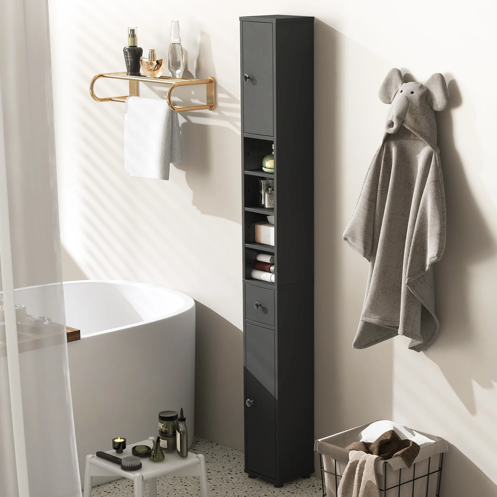Slim Bathroom Cabinet With Drawer, Adjustable Shelves, Gray - Image 6