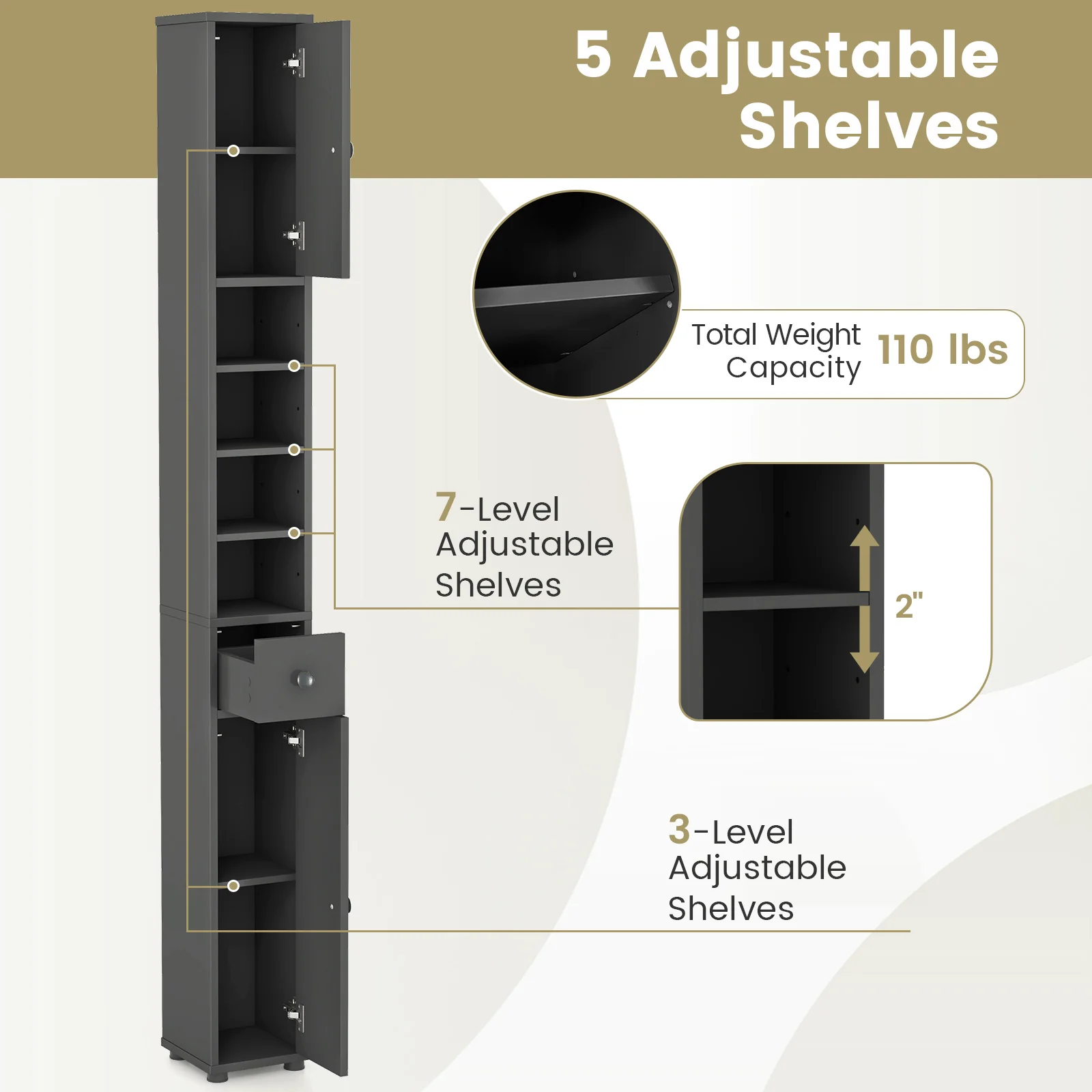 Slim Bathroom Cabinet With Drawer, Adjustable Shelves, Gray - Image 7