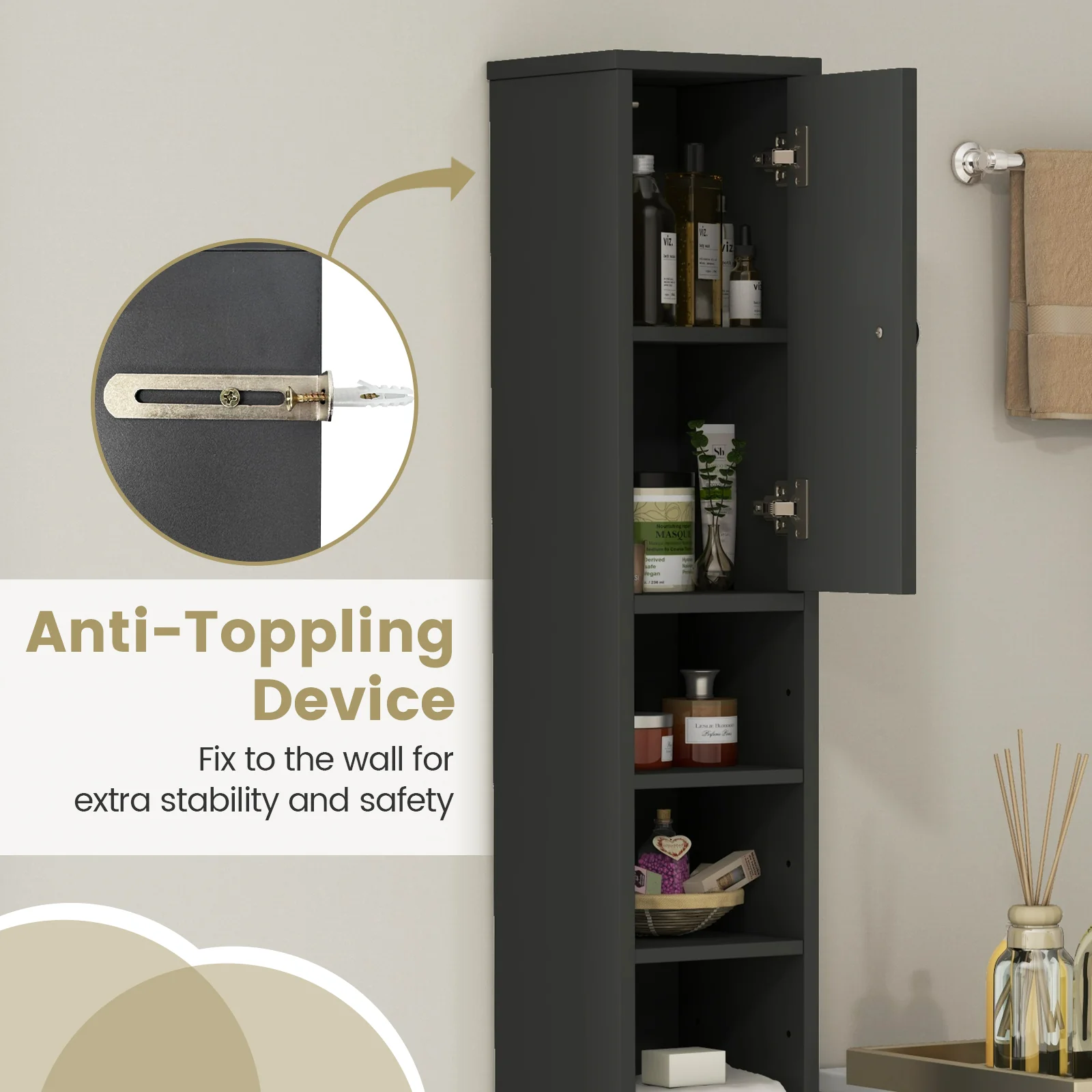 Slim Bathroom Cabinet With Drawer, Adjustable Shelves, Gray - Image 8