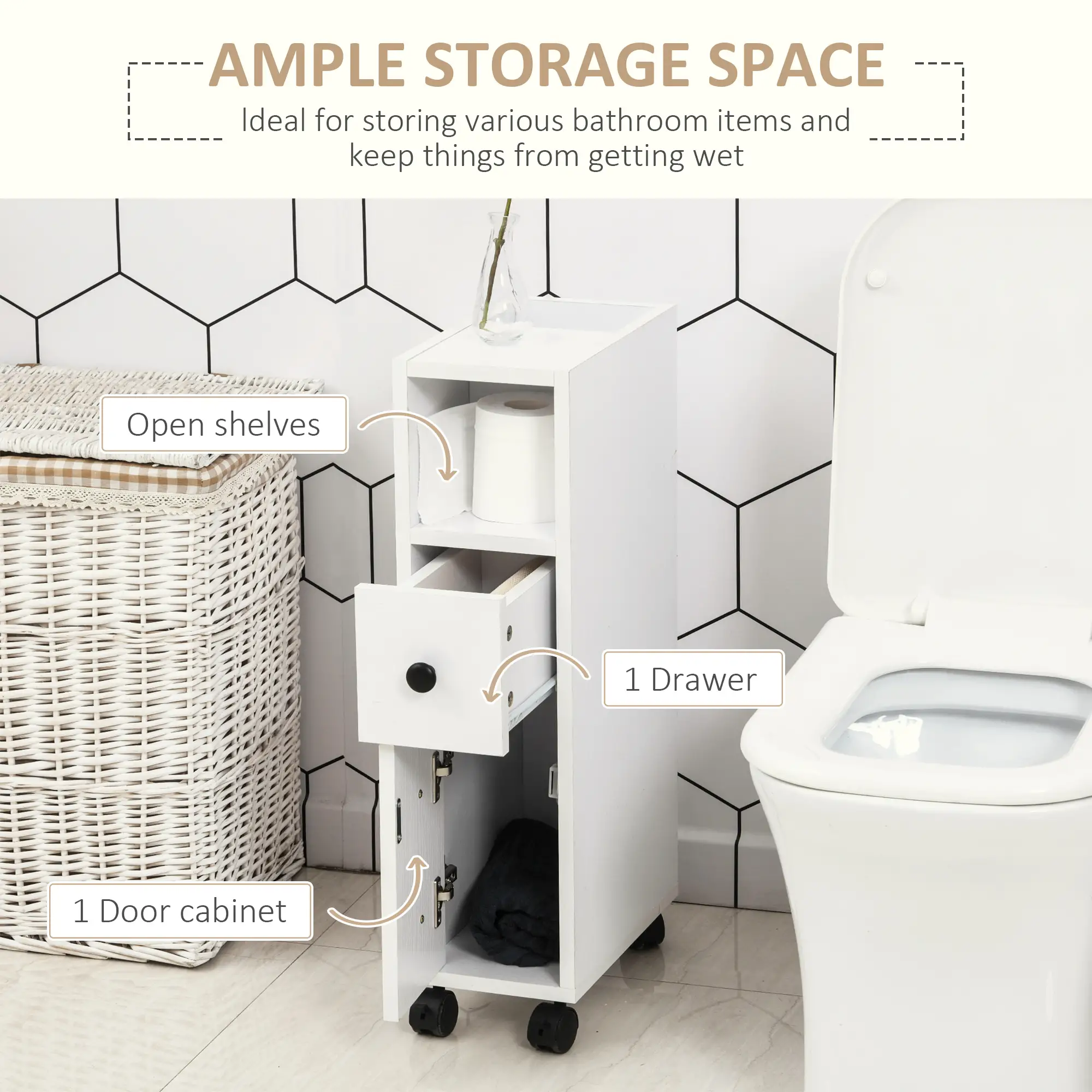 Slim Bathroom Cabinet with Wheels, Door, Drawer, 2 Compartments, White - Image 4