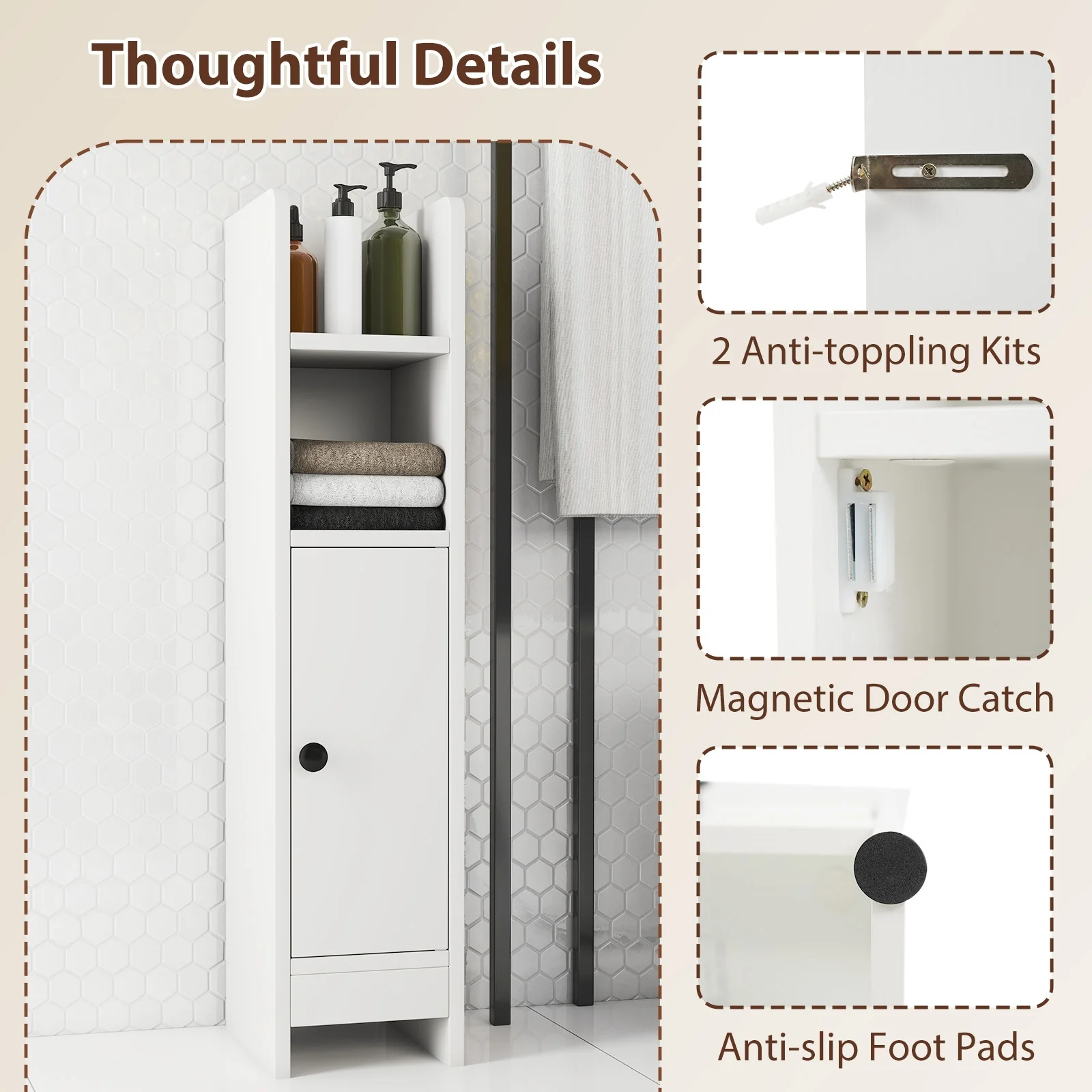 Slim Corner Bathroom Cabinet With Door, Adjustable Shelf, White - Image 10