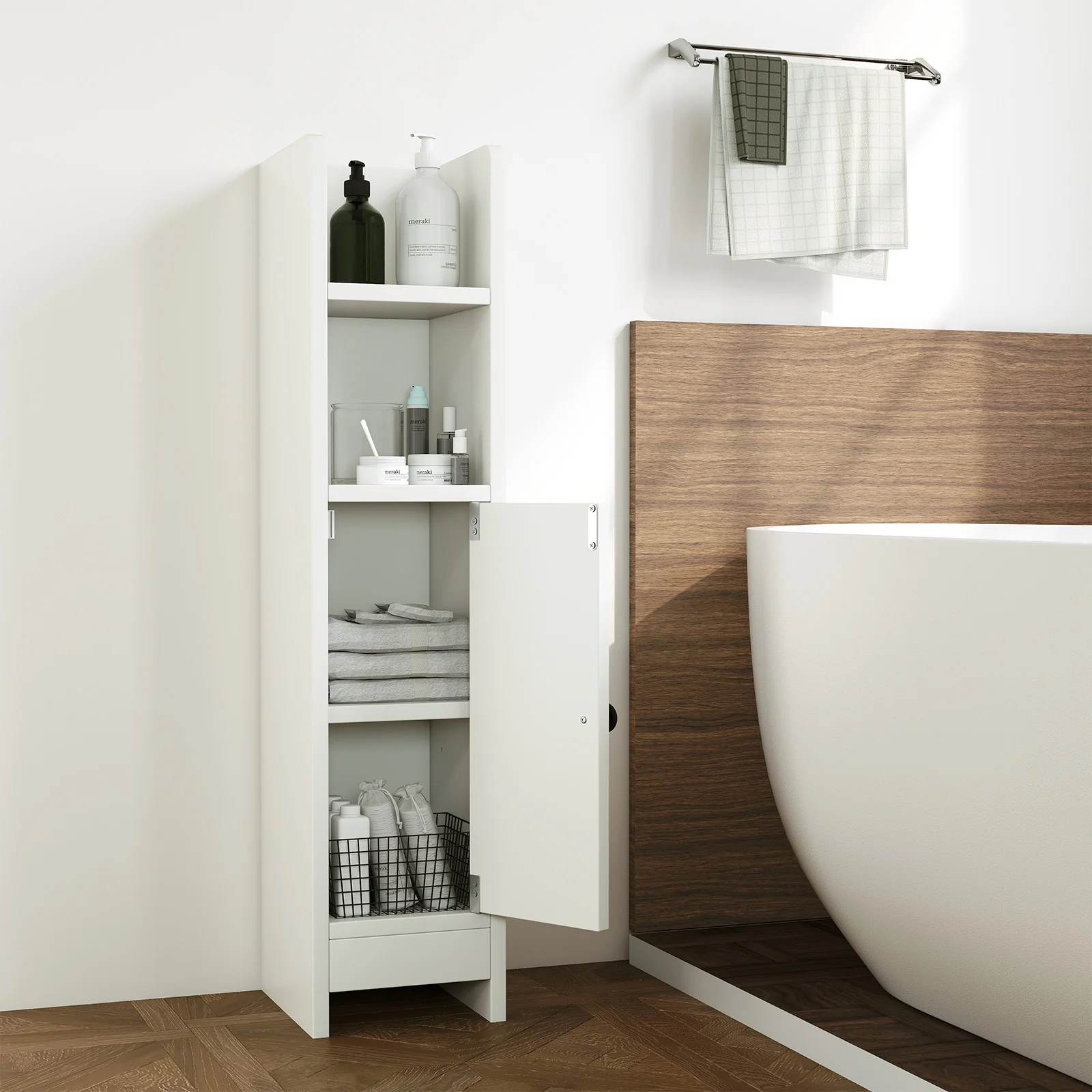 Slim Corner Bathroom Cabinet With Door, Adjustable Shelf, White - Image 2