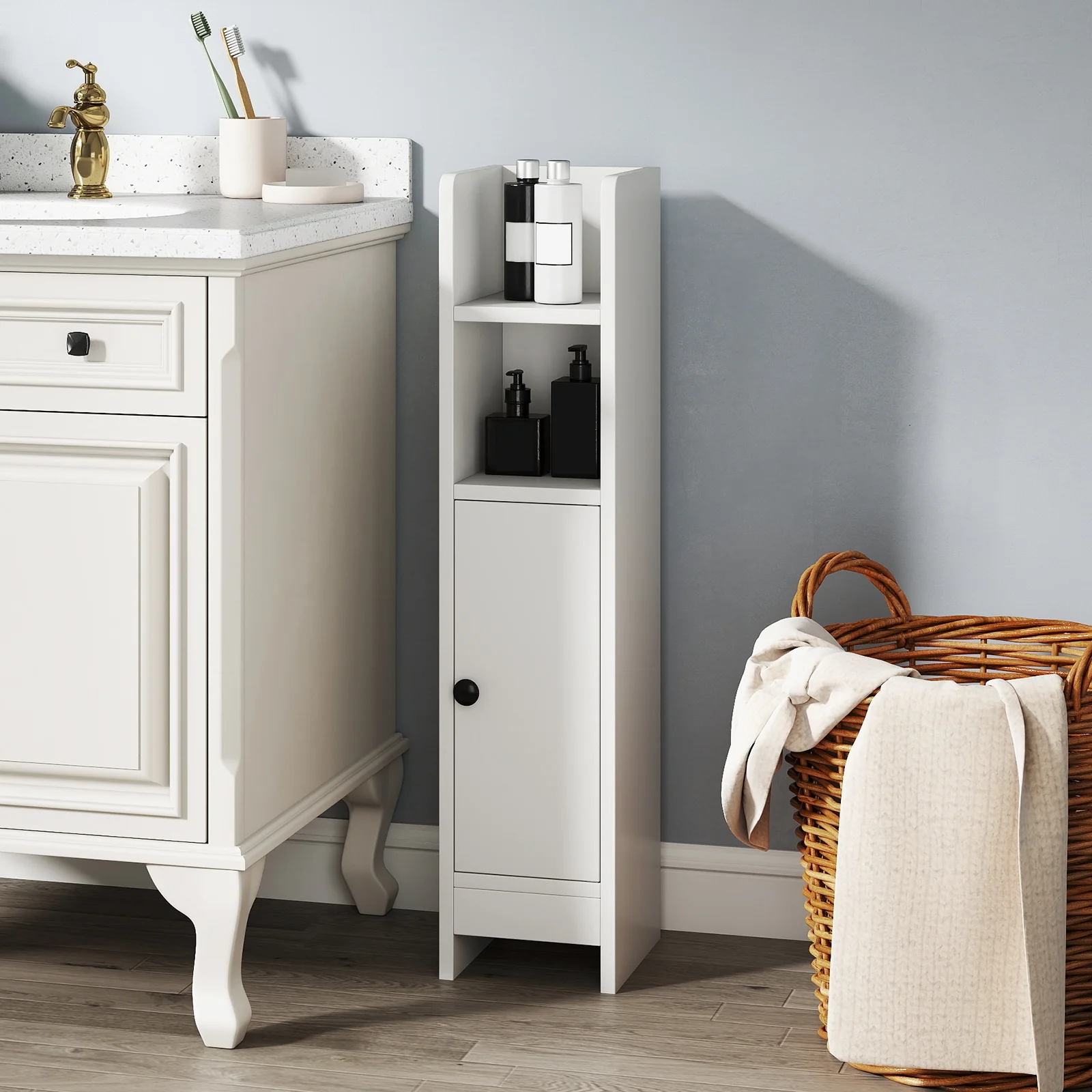 Slim Corner Bathroom Cabinet With Door, Adjustable Shelf, White - Image 6