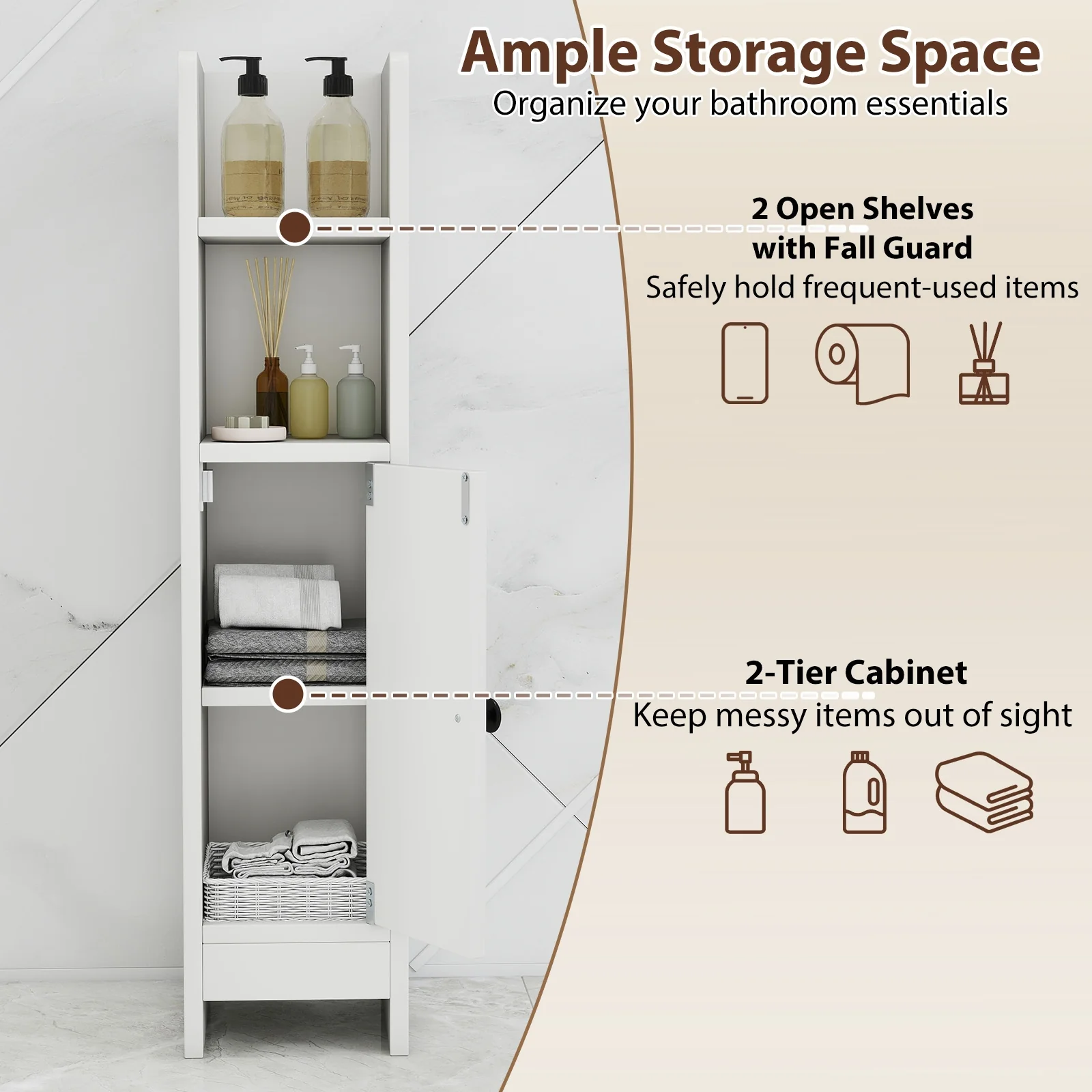 Slim Corner Bathroom Cabinet With Door, Adjustable Shelf, White - Image 7