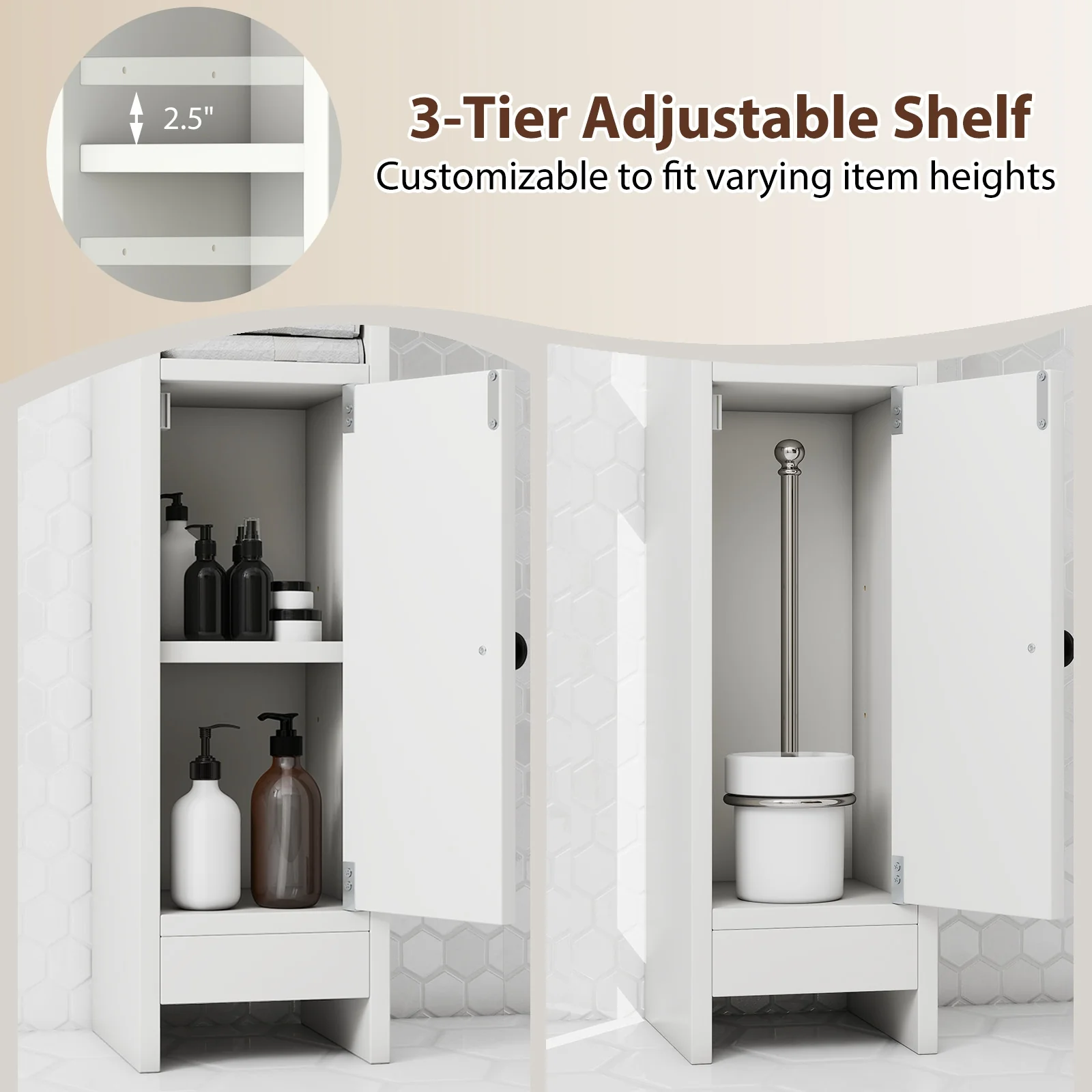 Slim Corner Bathroom Cabinet With Door, Adjustable Shelf, White - Image 8