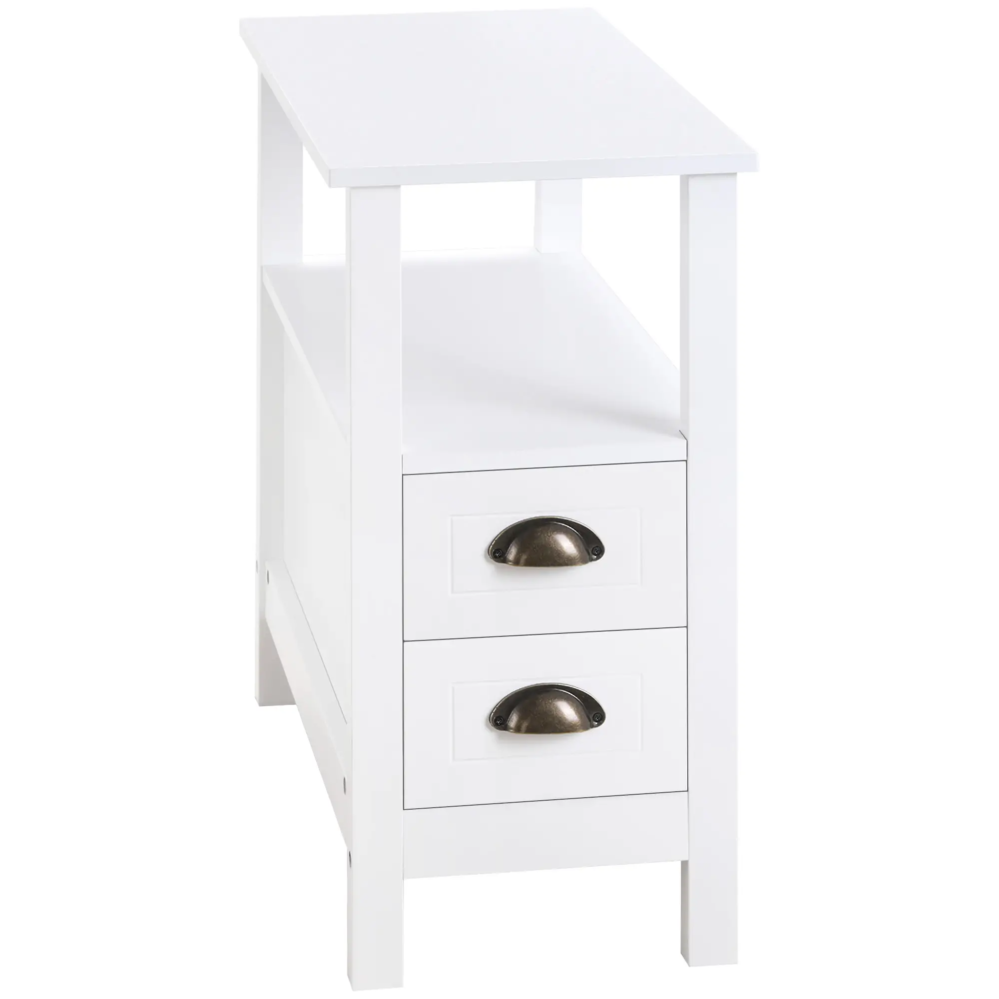 Slim End Table with 2 Drawers, Storage Shelf, White