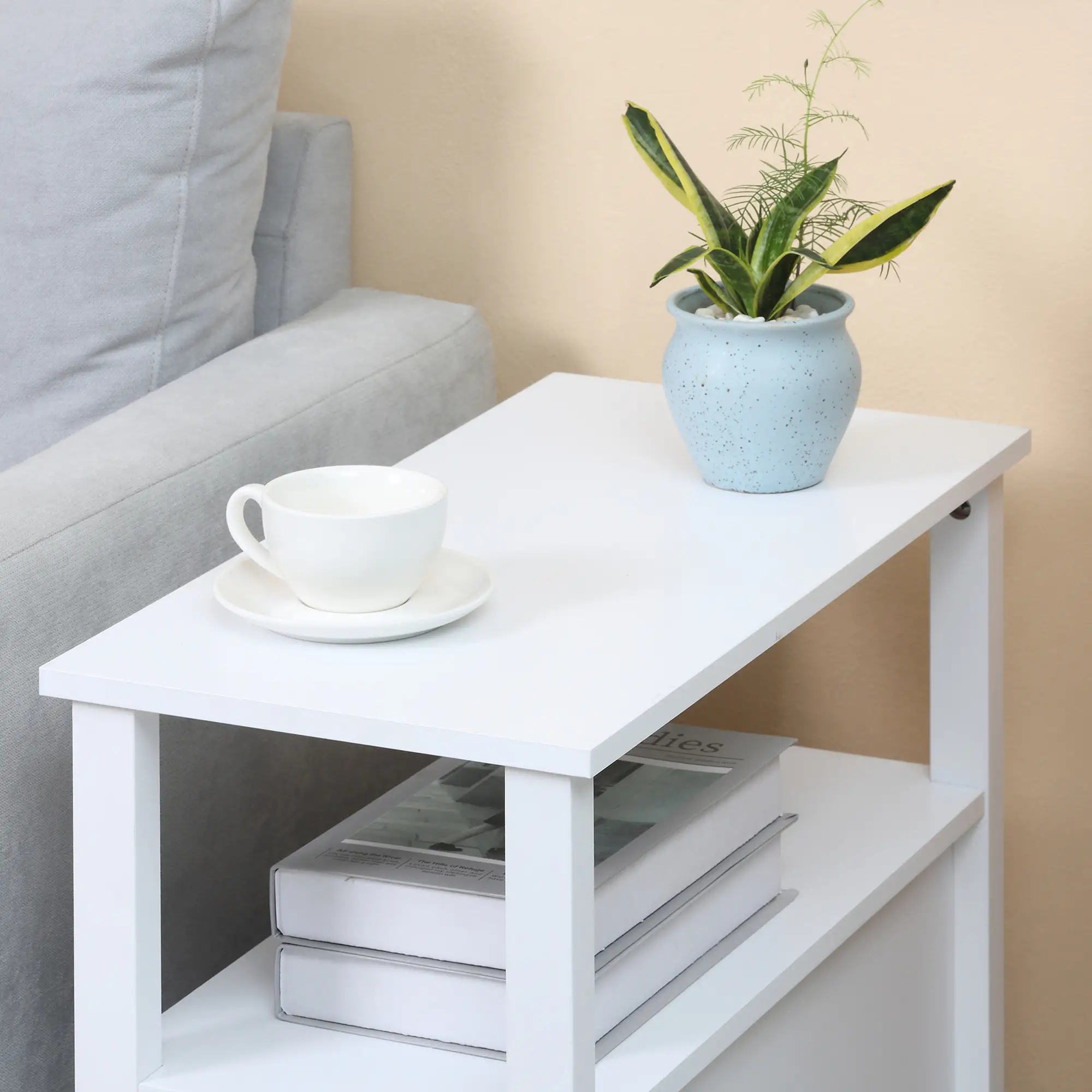 Slim End Table with 2 Drawers, Storage Shelf, White - Image 10