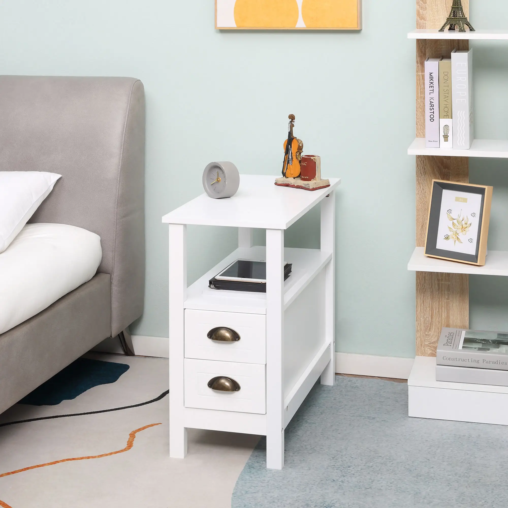 Slim End Table with 2 Drawers, Storage Shelf, White - Image 2