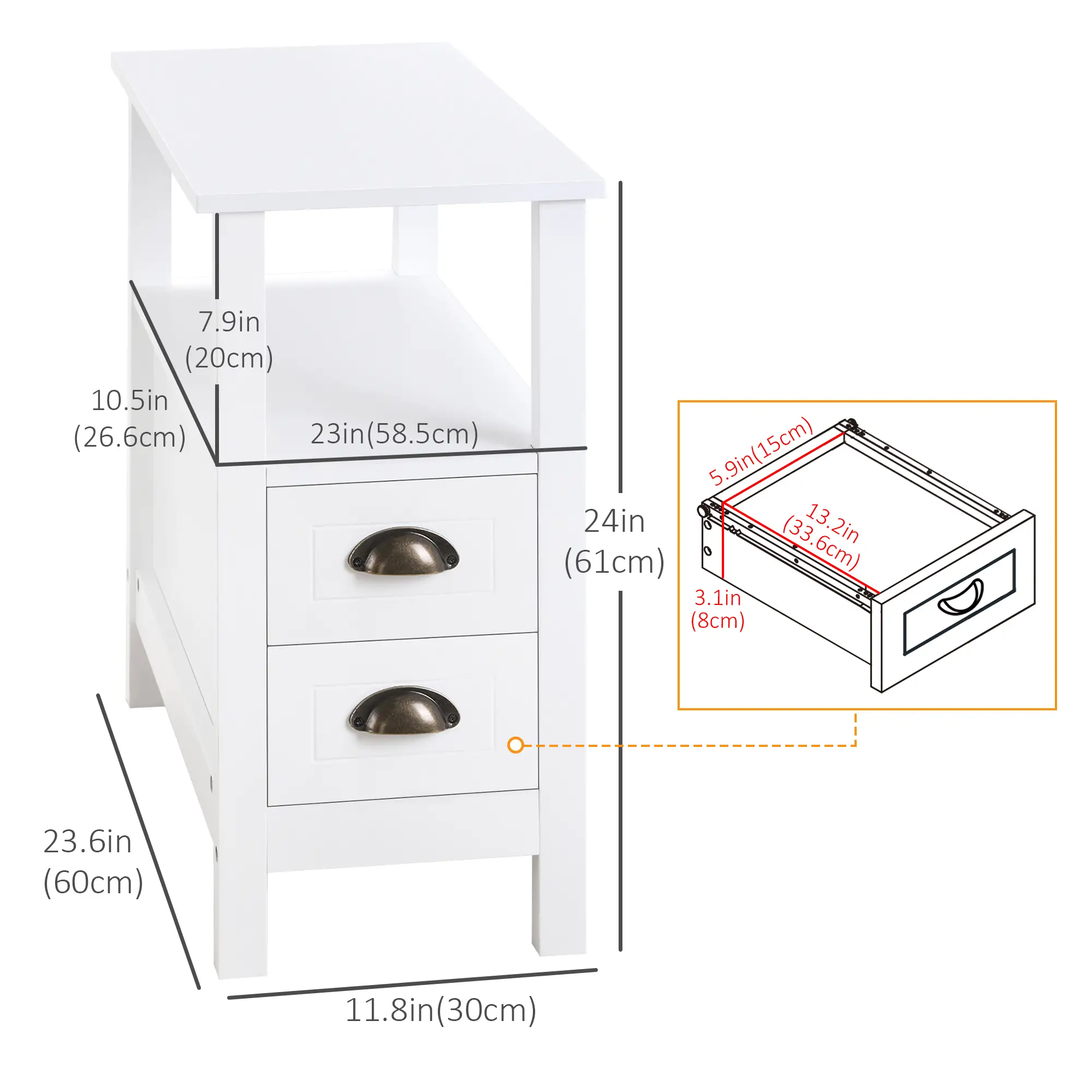 Slim End Table with 2 Drawers, Storage Shelf, White - Image 3