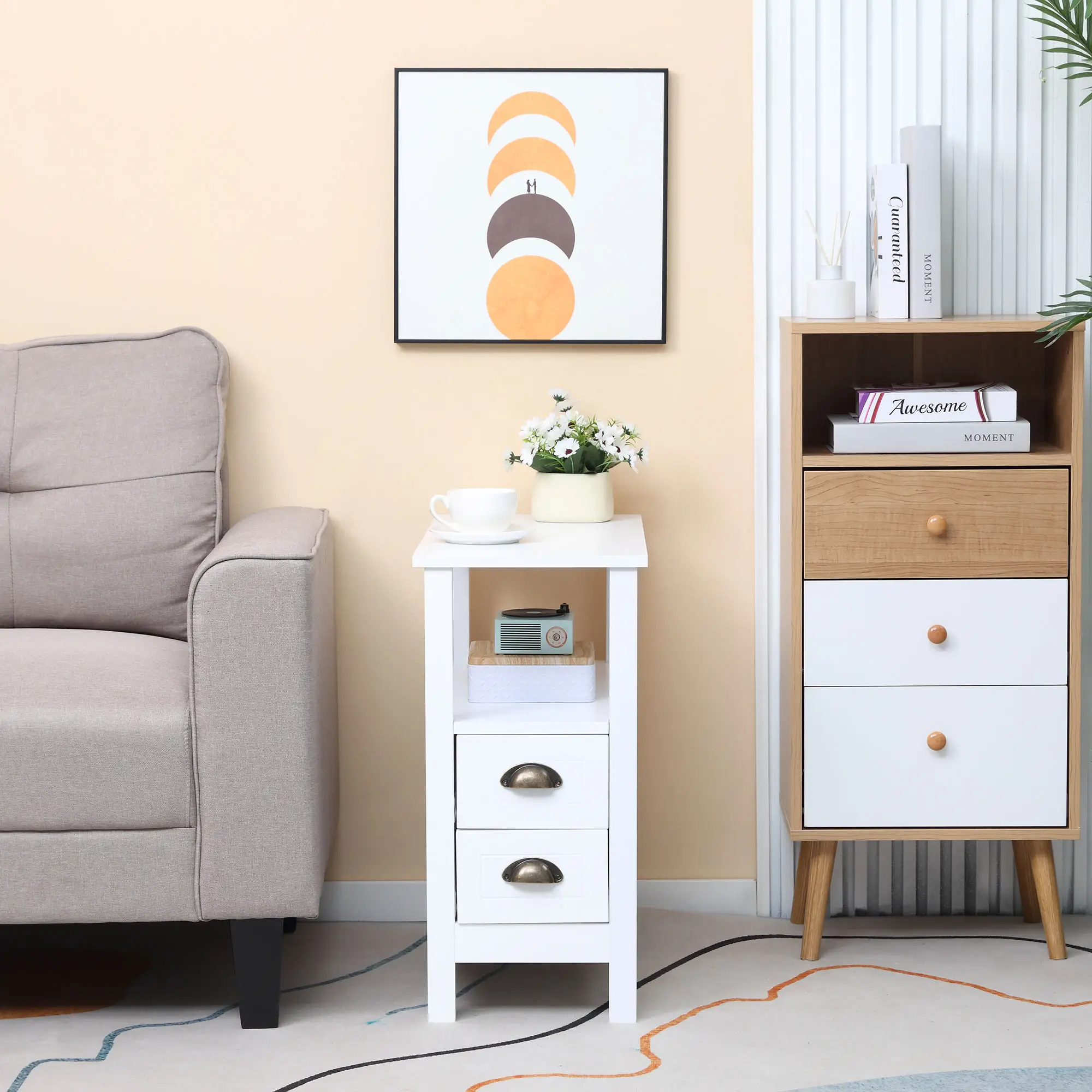 Slim End Table with 2 Drawers, Storage Shelf, White - Image 4