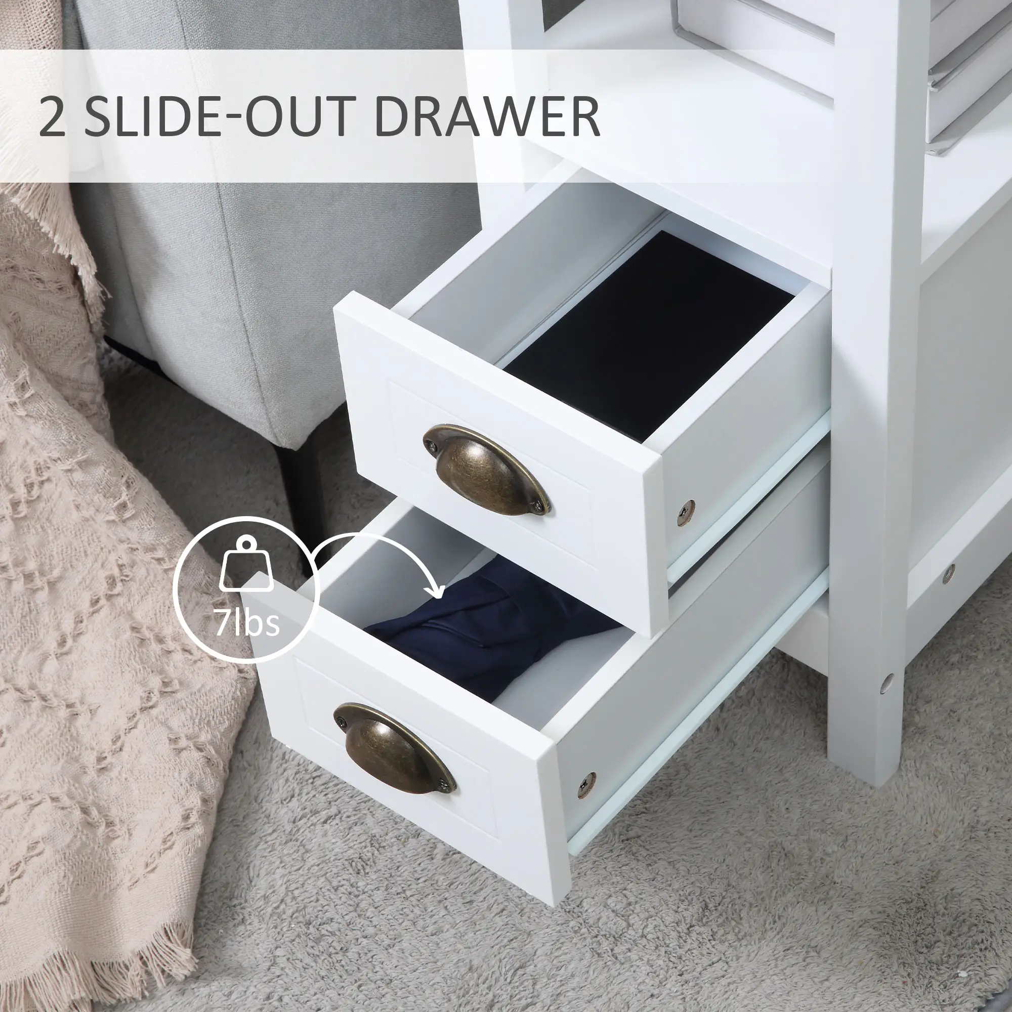 Slim End Table with 2 Drawers, Storage Shelf, White - Image 6