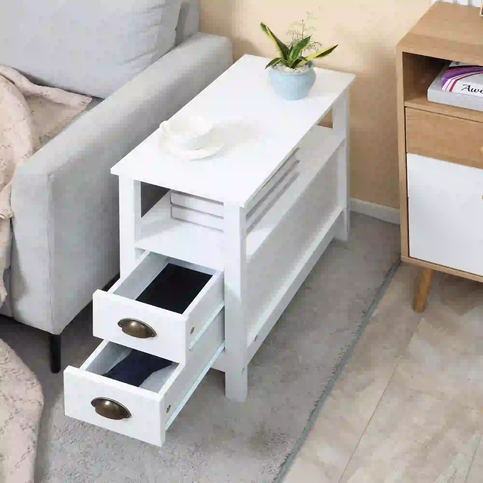 Slim End Table with 2 Drawers, Storage Shelf, White - Image 9