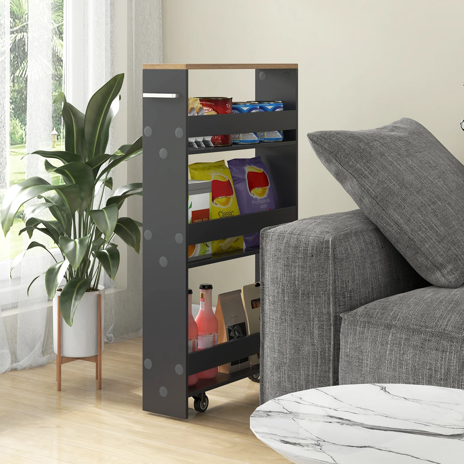 Slim Rolling Kitchen Storage Cart, Mobile Shelving Organizer With Handle, Gray - Image 3