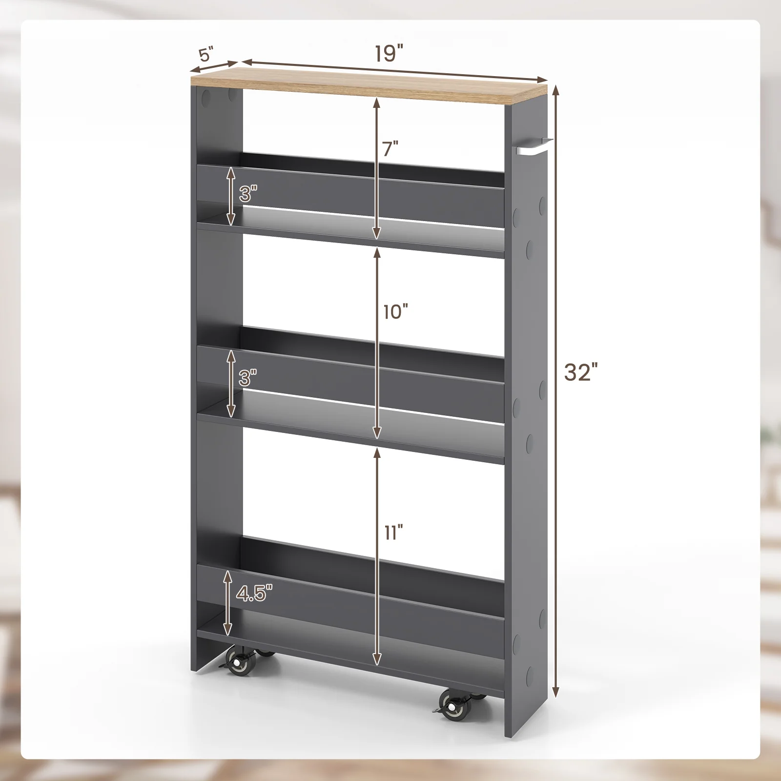 Slim Rolling Kitchen Storage Cart, Mobile Shelving Organizer With Handle, Gray - Image 6