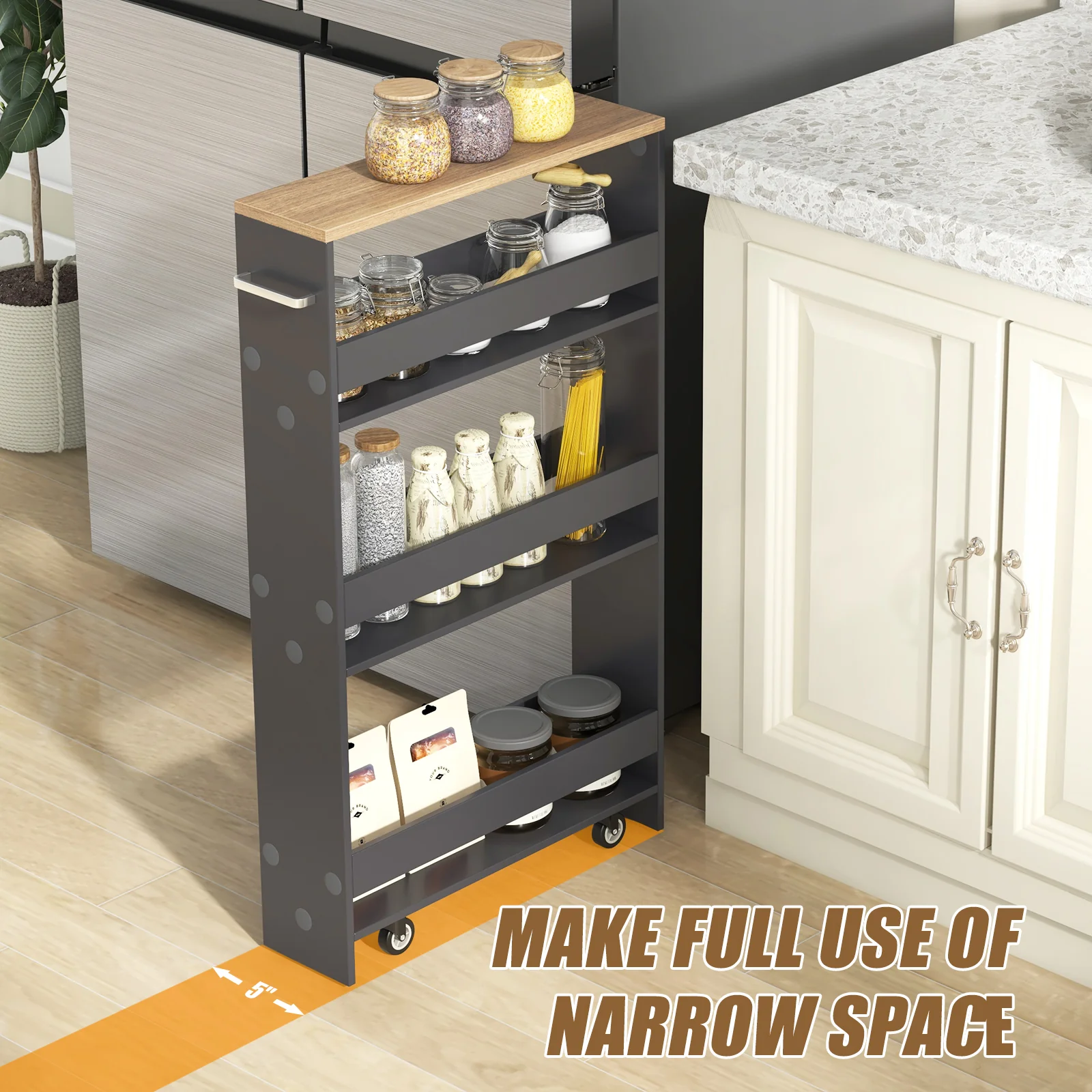 Slim Rolling Kitchen Storage Cart, Mobile Shelving Organizer With Handle, Gray - Image 7