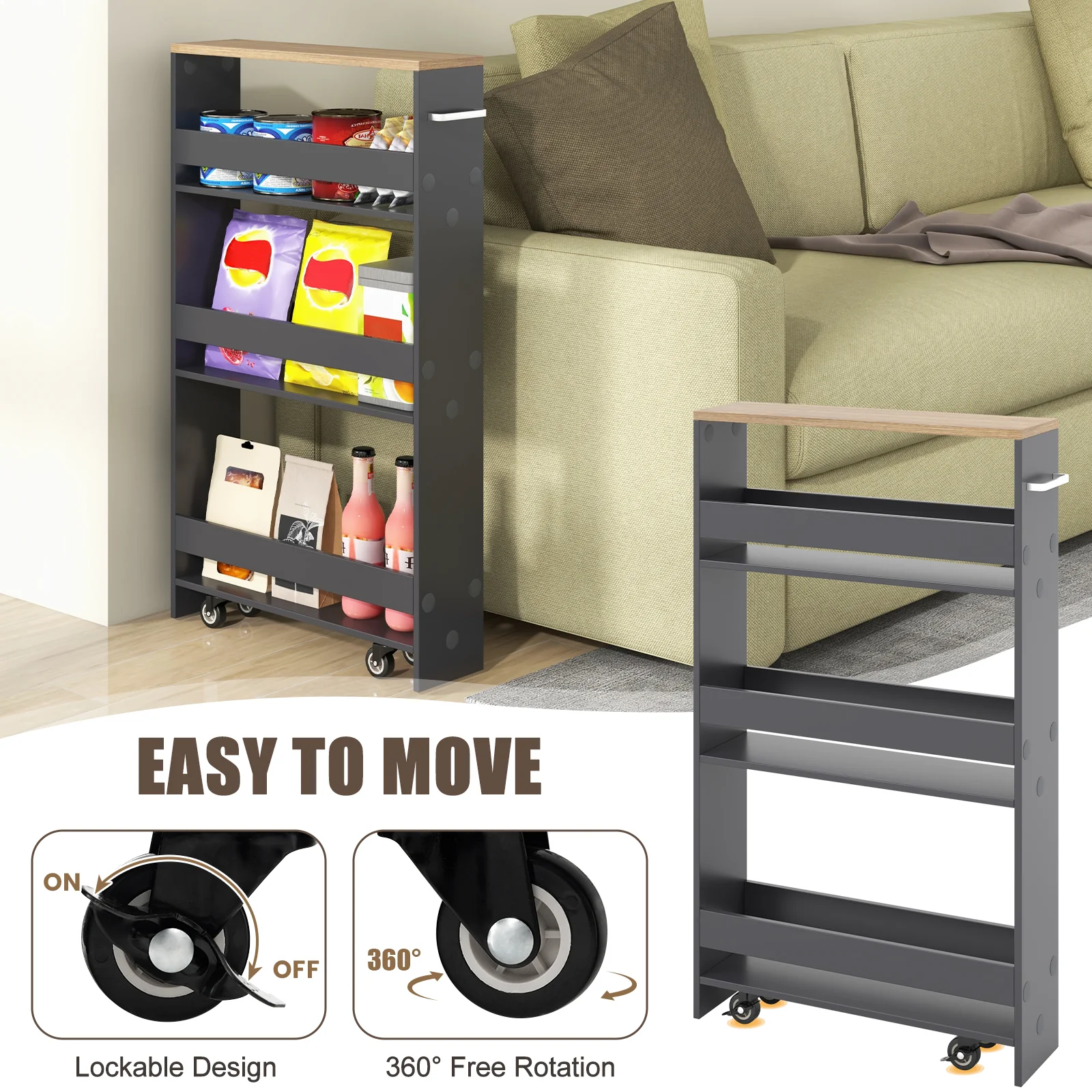 Slim Rolling Kitchen Storage Cart, Mobile Shelving Organizer With Handle, Gray - Image 9