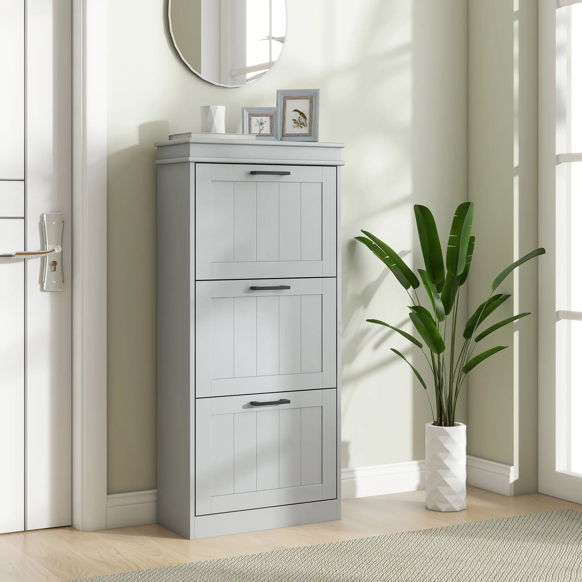 Slim Shoe Cabinet, 3 Flip Drawers, Adjustable Shelves, 15 Pairs, Grey - Image 2