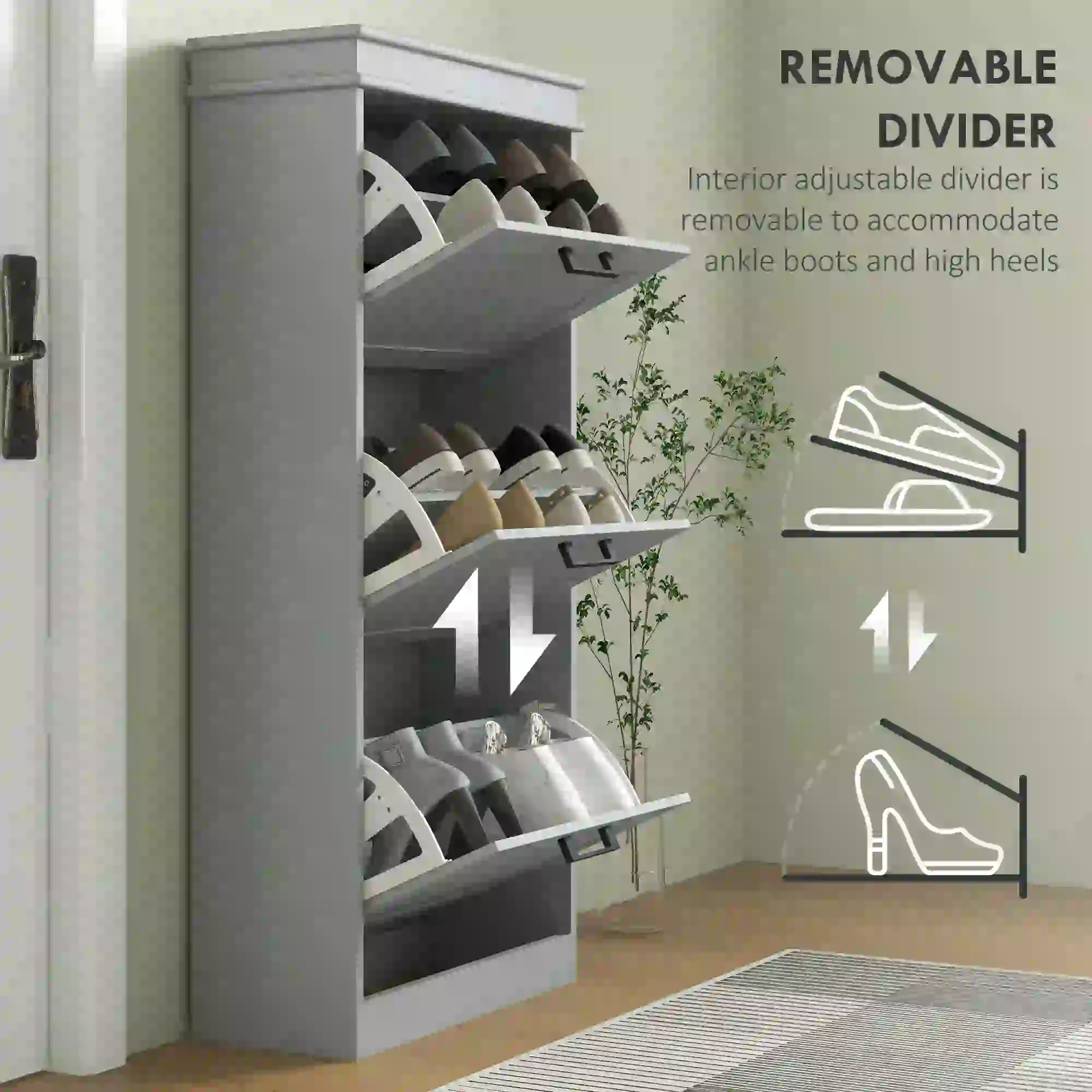 Slim Shoe Cabinet, 3 Flip Drawers, Adjustable Shelves, 15 Pairs, Grey - Image 6
