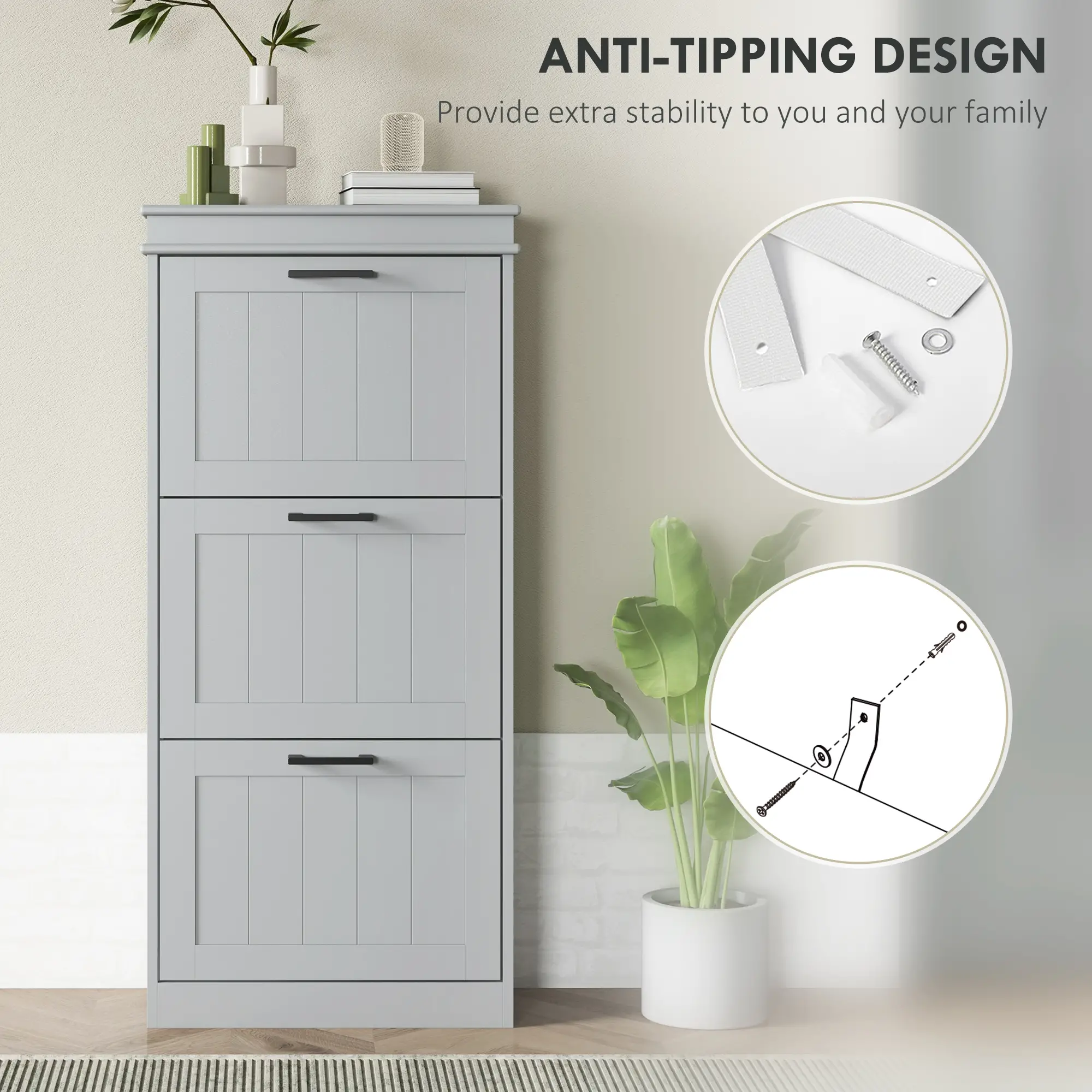 Slim Shoe Cabinet, 3 Flip Drawers, Adjustable Shelves, 15 Pairs, Grey - Image 7