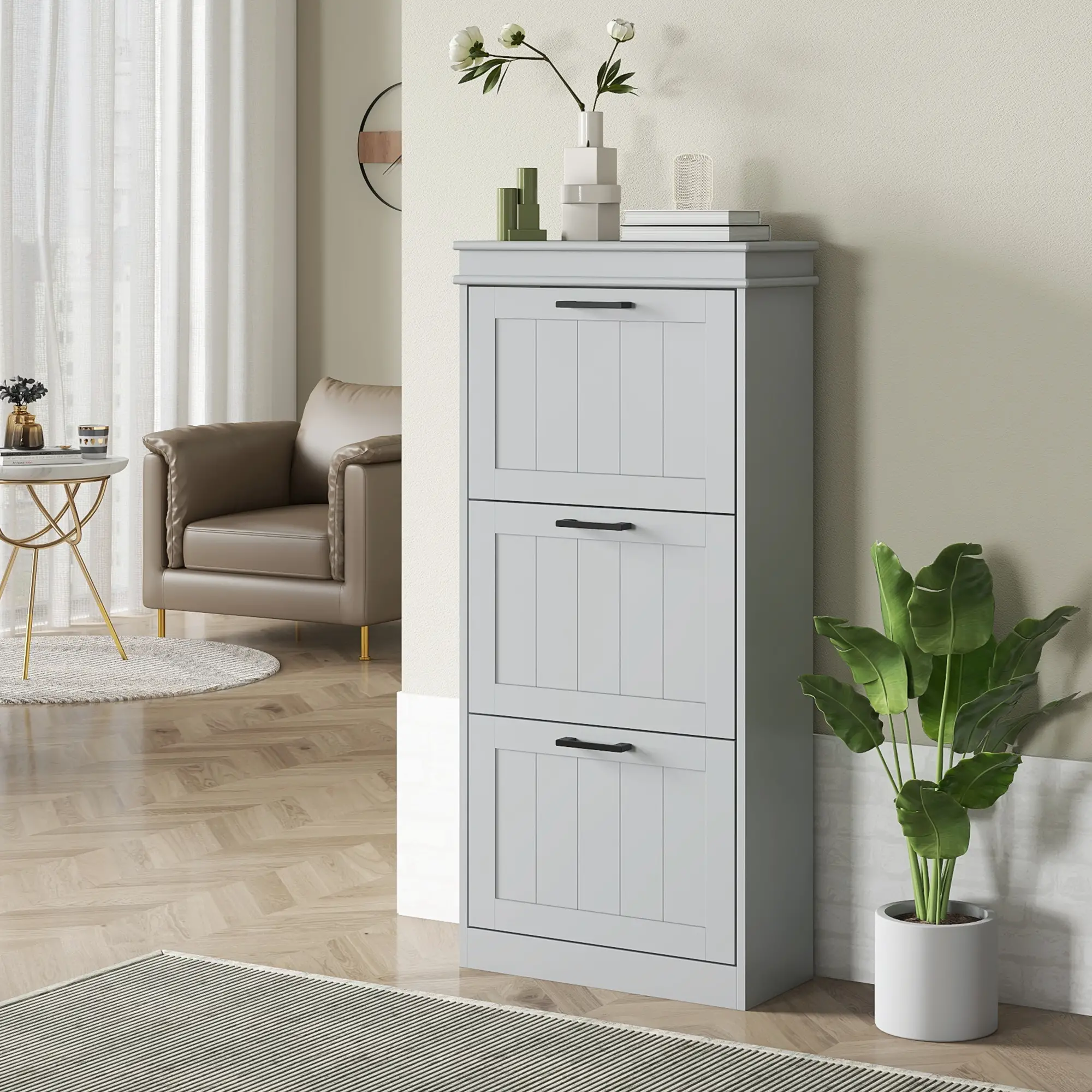 Slim Shoe Cabinet, 3 Flip Drawers, Adjustable Shelves, 15 Pairs, Grey - Image 8