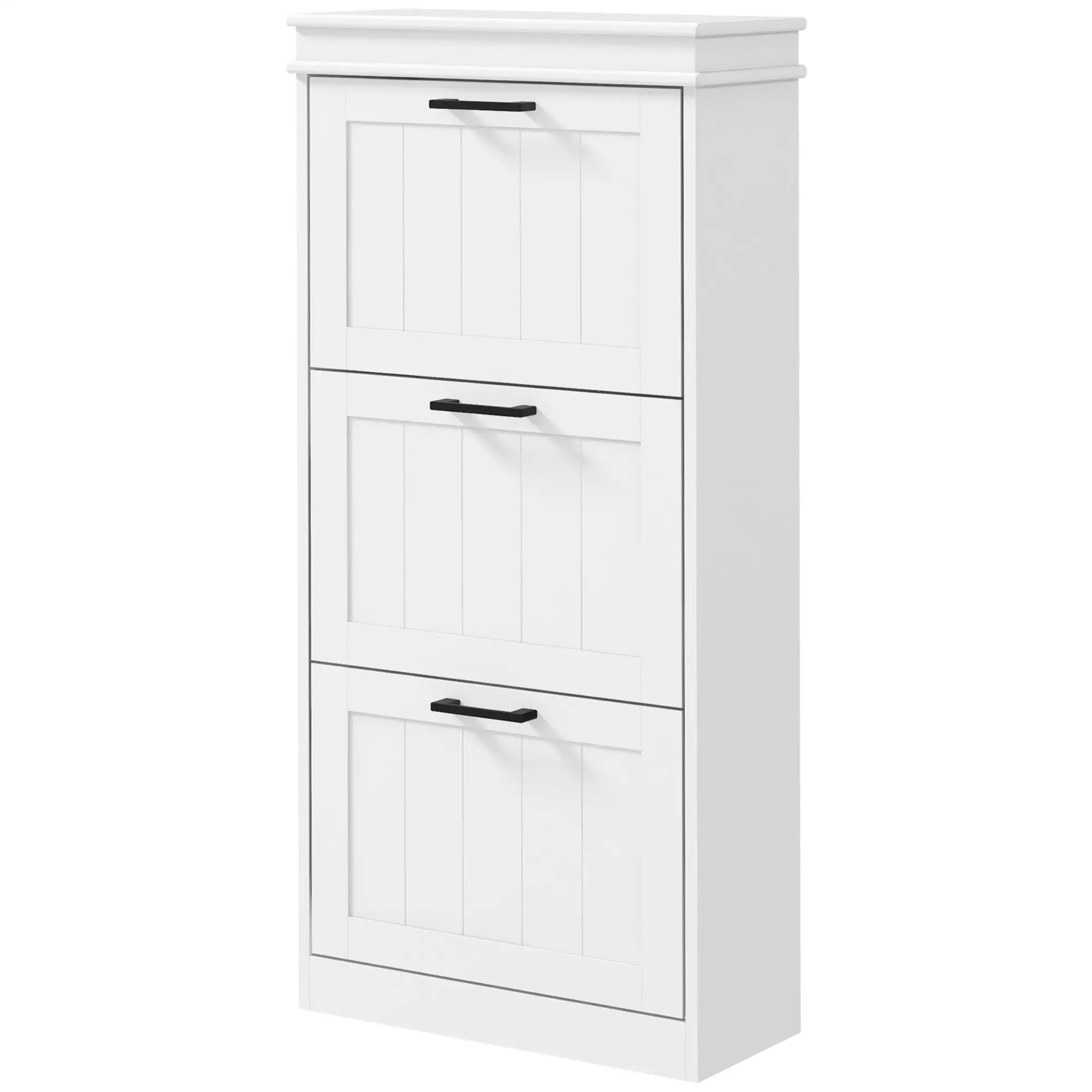 Slim Shoe Cabinet, 3 Flip Drawers, Adjustable Shelves, 15 Pairs, White