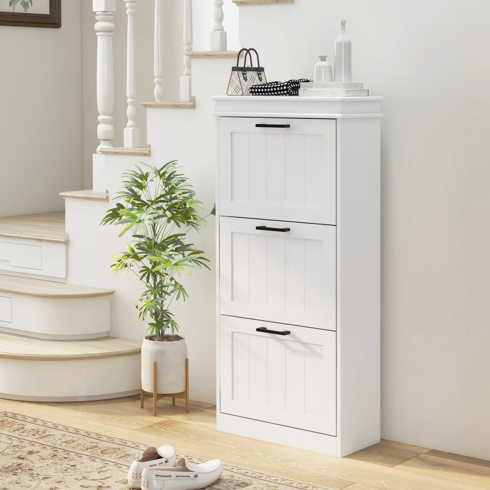 Slim Shoe Cabinet, 3 Flip Drawers, Adjustable Shelves, 15 Pairs, White - Image 2