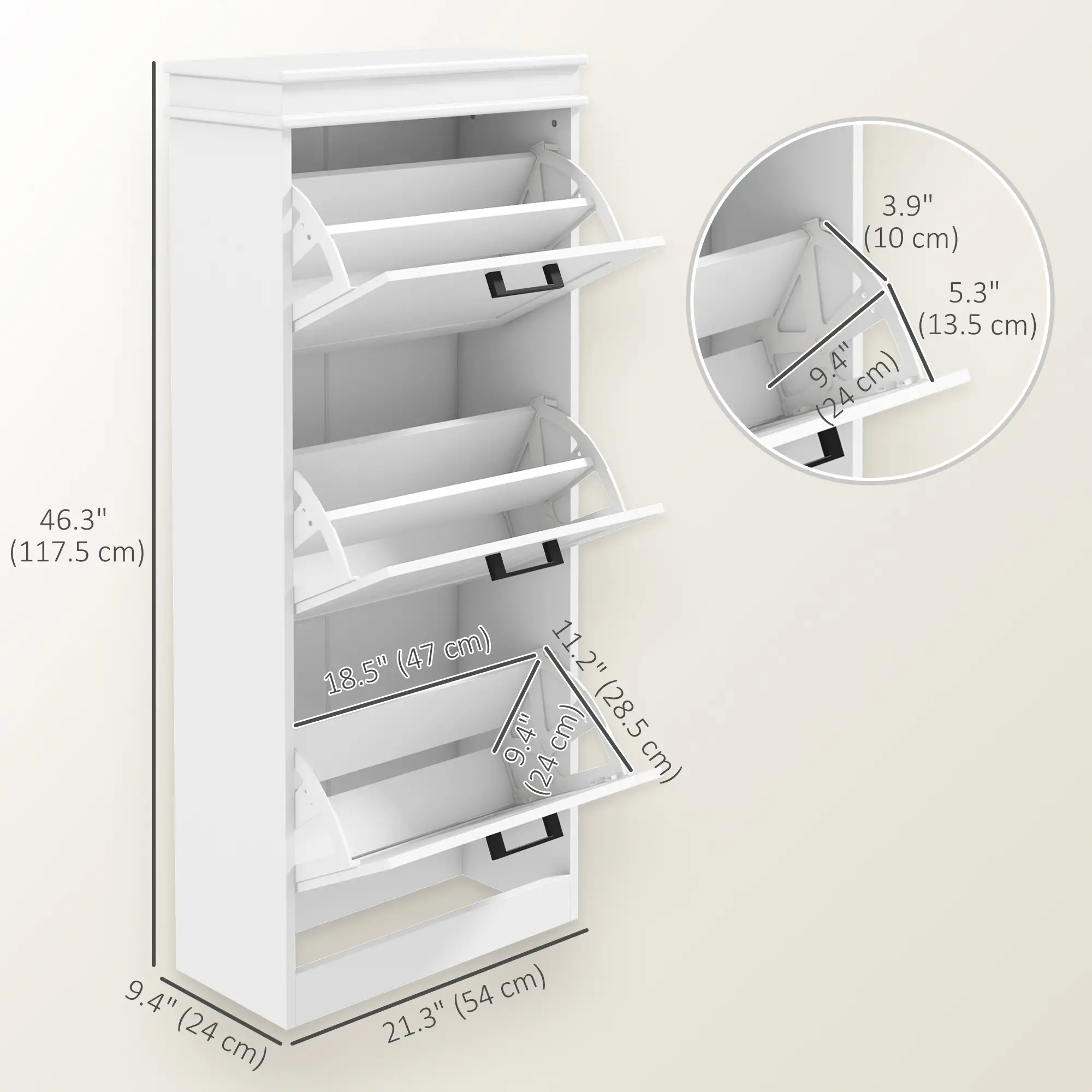 Slim Shoe Cabinet, 3 Flip Drawers, Adjustable Shelves, 15 Pairs, White - Image 3