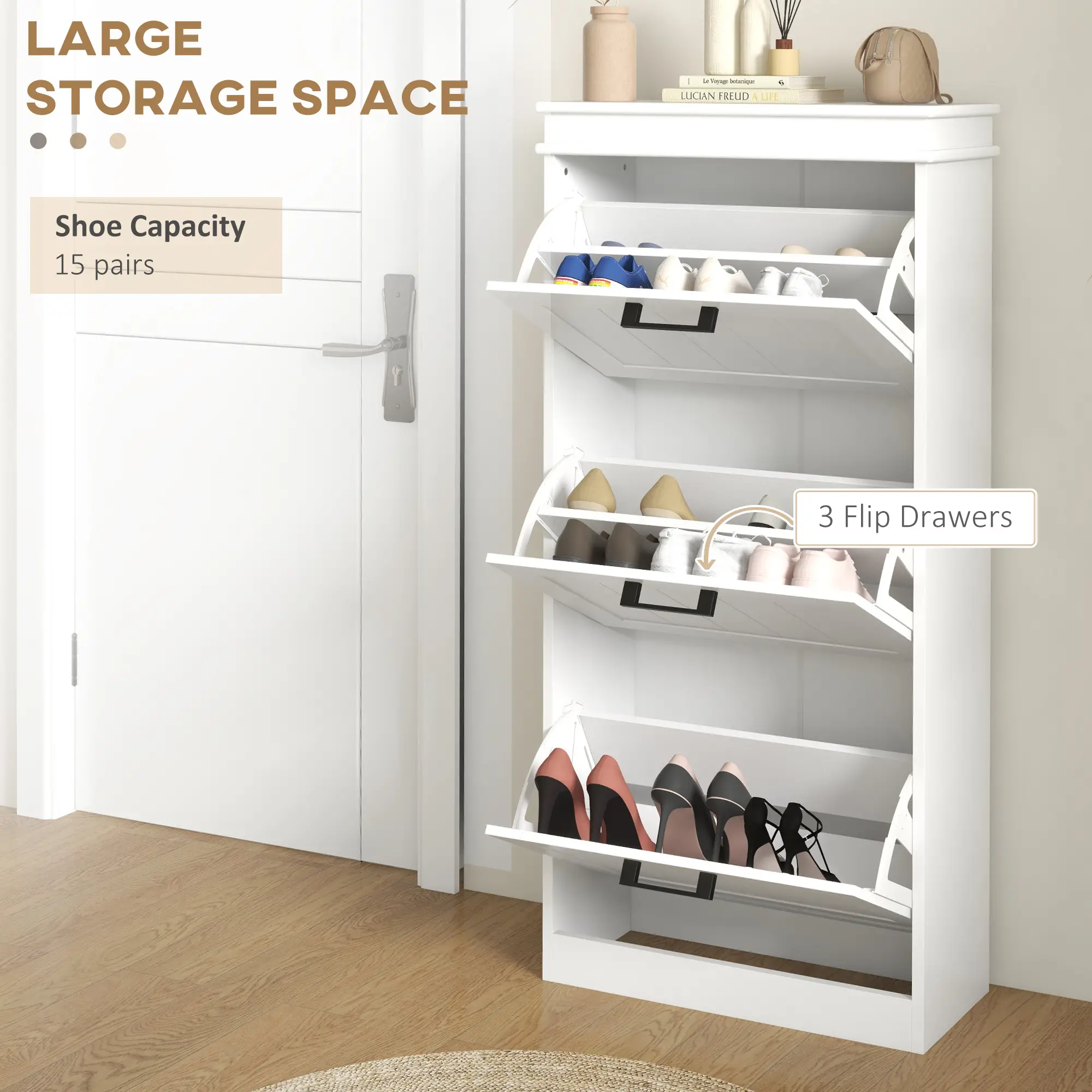 Slim Shoe Cabinet, 3 Flip Drawers, Adjustable Shelves, 15 Pairs, White - Image 4