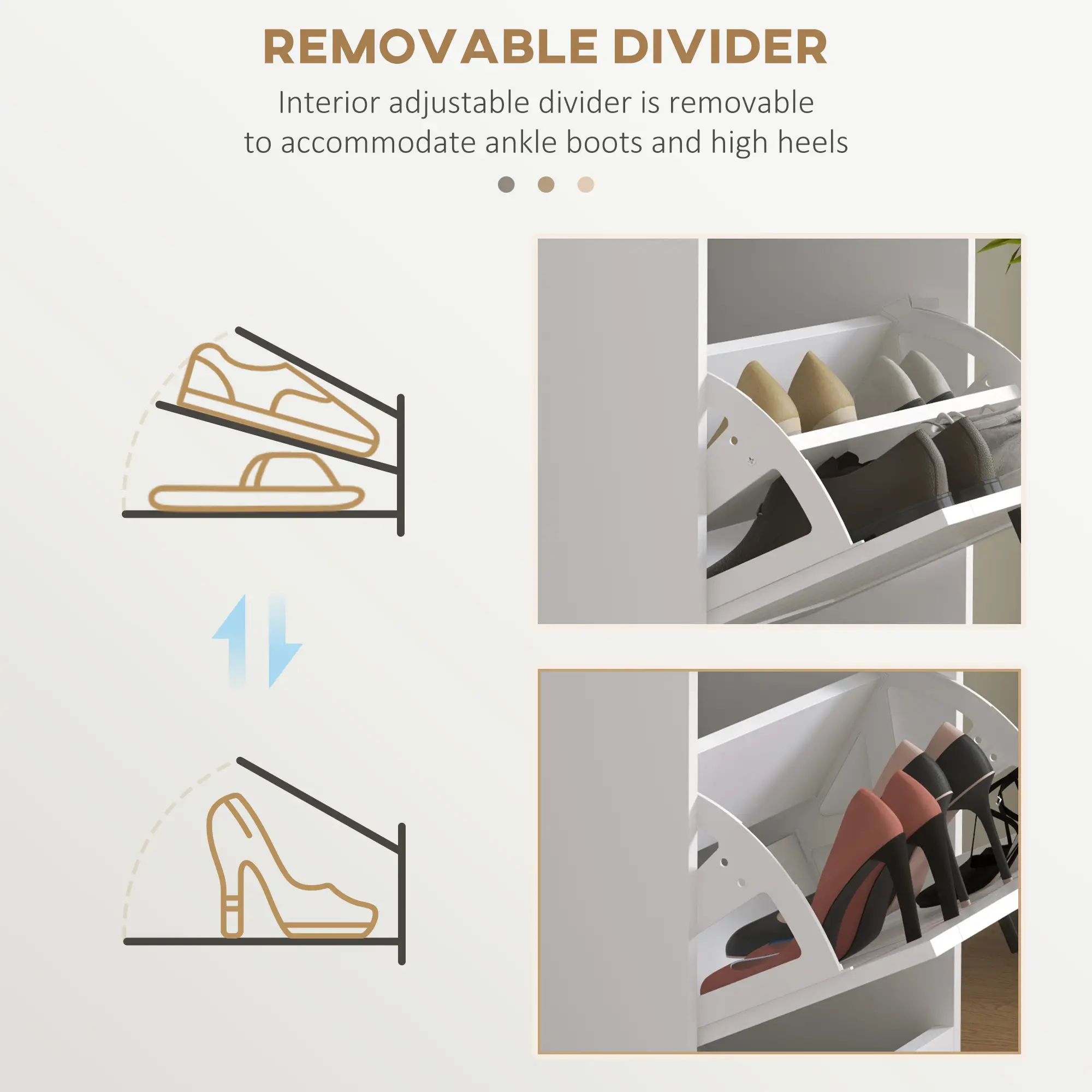 Slim Shoe Cabinet, 3 Flip Drawers, Adjustable Shelves, 15 Pairs, White - Image 6