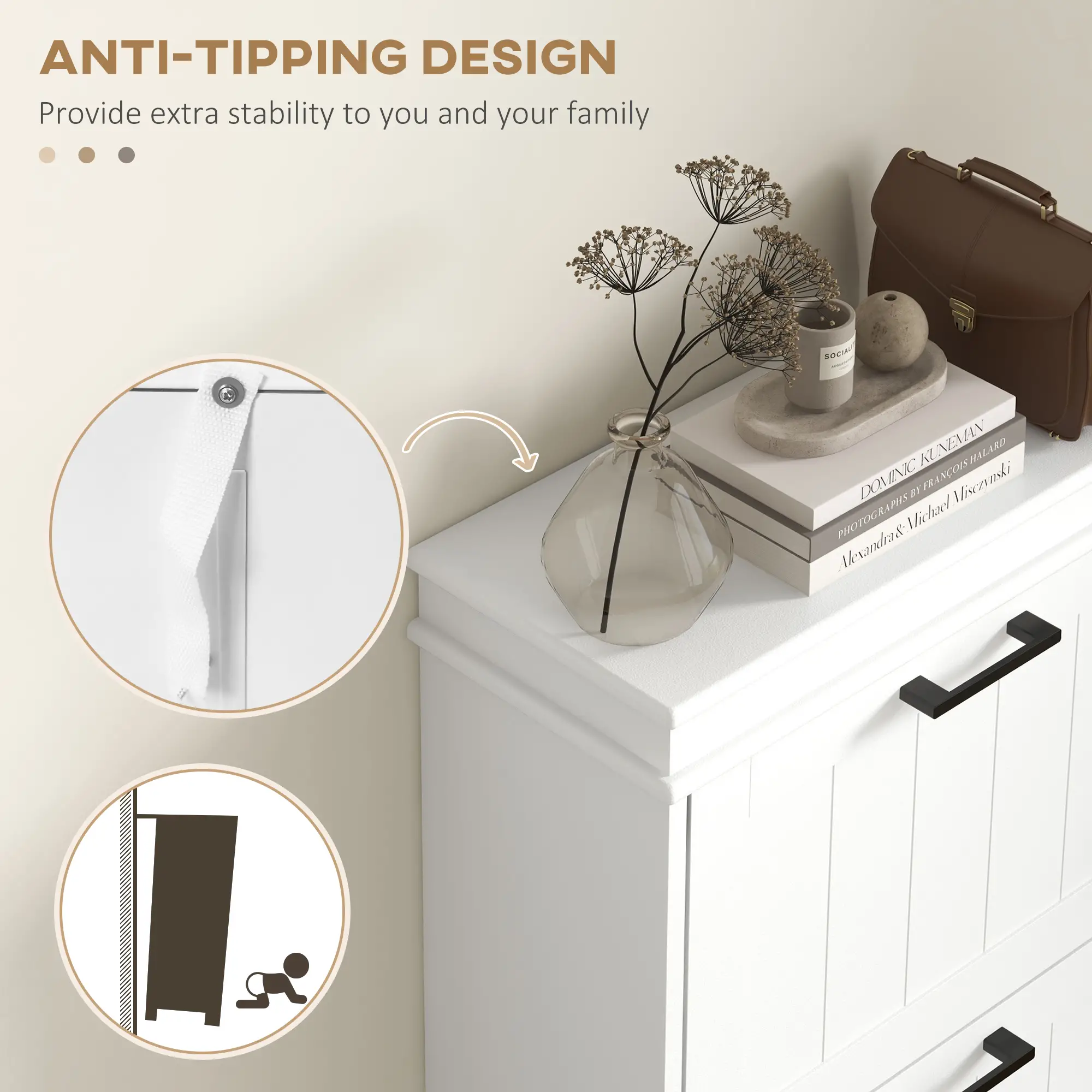 Slim Shoe Cabinet, 3 Flip Drawers, Adjustable Shelves, 15 Pairs, White - Image 7