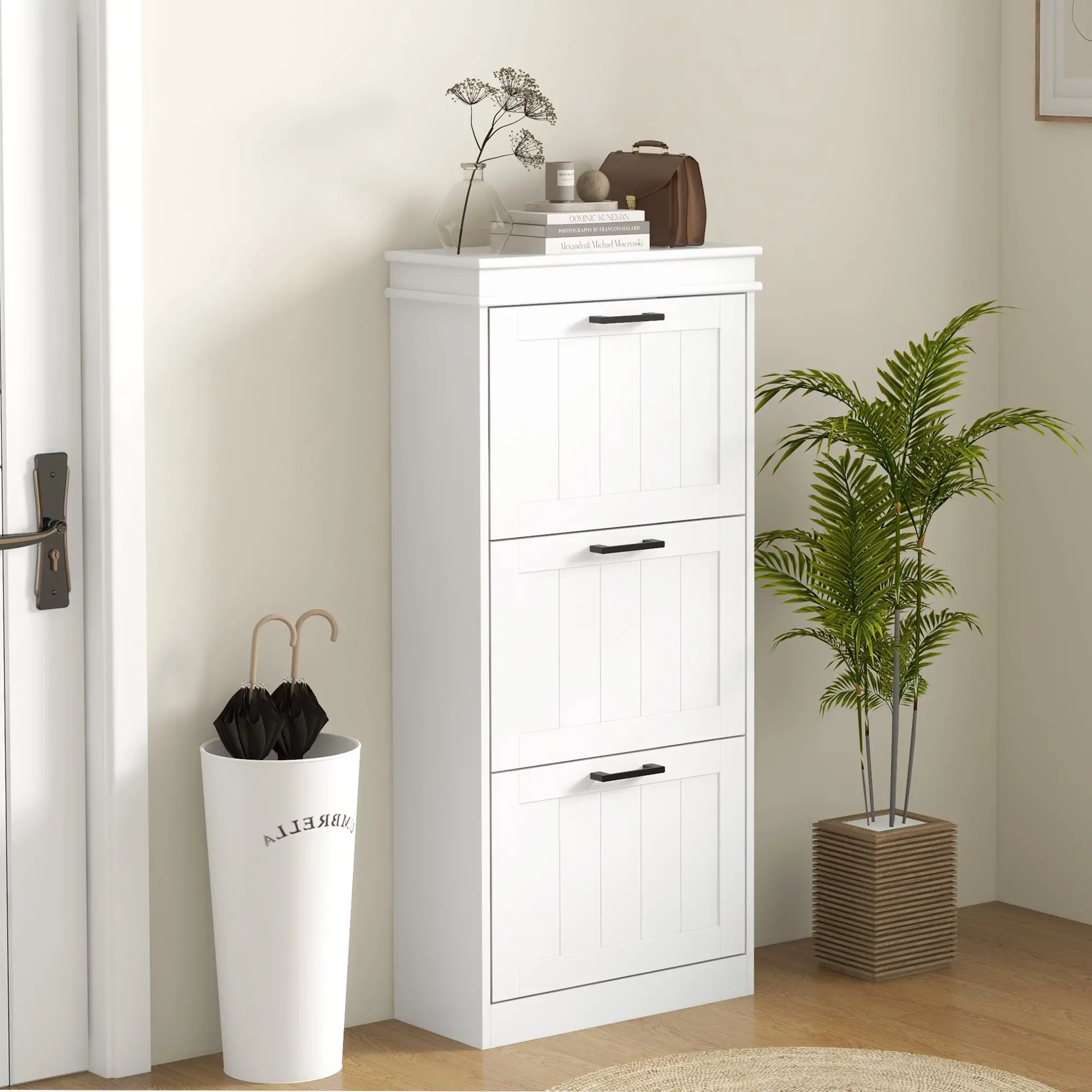 Slim Shoe Cabinet, 3 Flip Drawers, Adjustable Shelves, 15 Pairs, White - Image 8