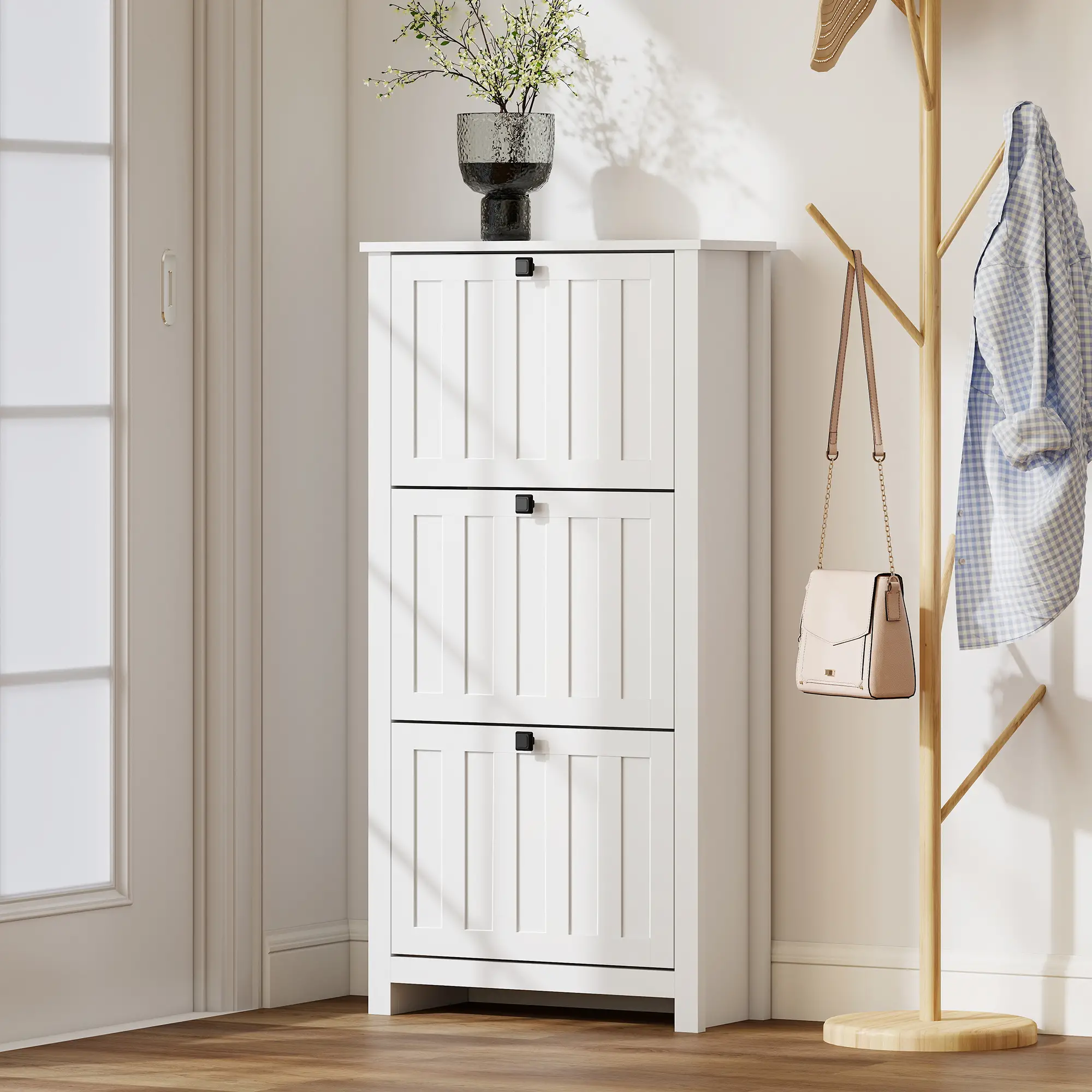 Slim Shoe Cabinet, 3 Flip Drawers, Adjustable Shelves, Holds 12 Pairs, White - Image 10