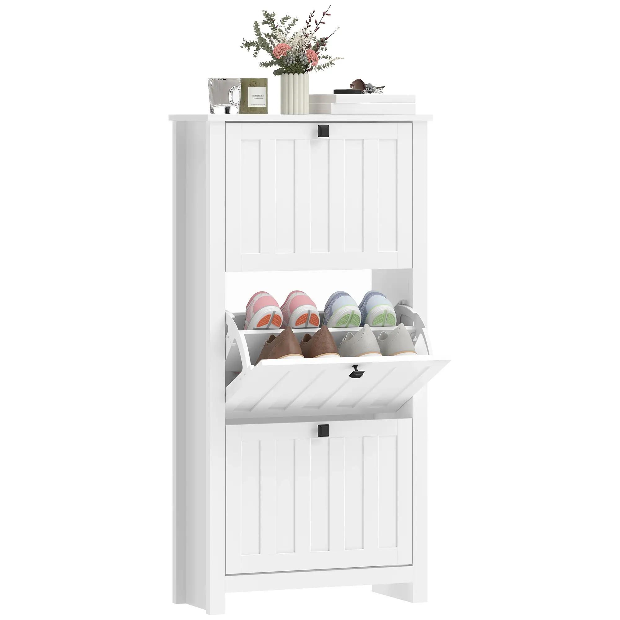 Slim Shoe Cabinet, 3 Flip Drawers, Adjustable Shelves, Holds 12 Pairs, White - Image 11