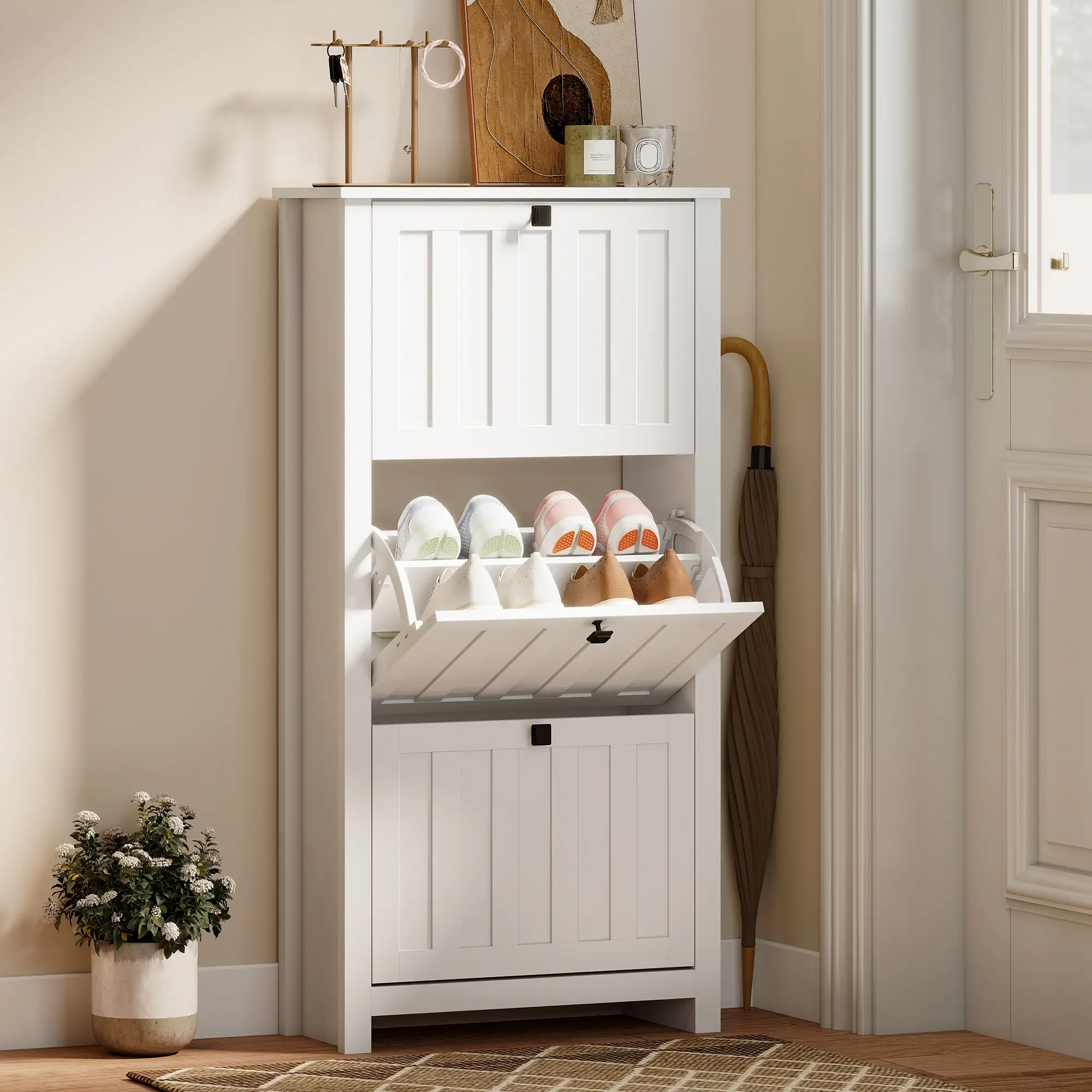 Slim Shoe Cabinet, 3 Flip Drawers, Adjustable Shelves, Holds 12 Pairs, White - Image 2