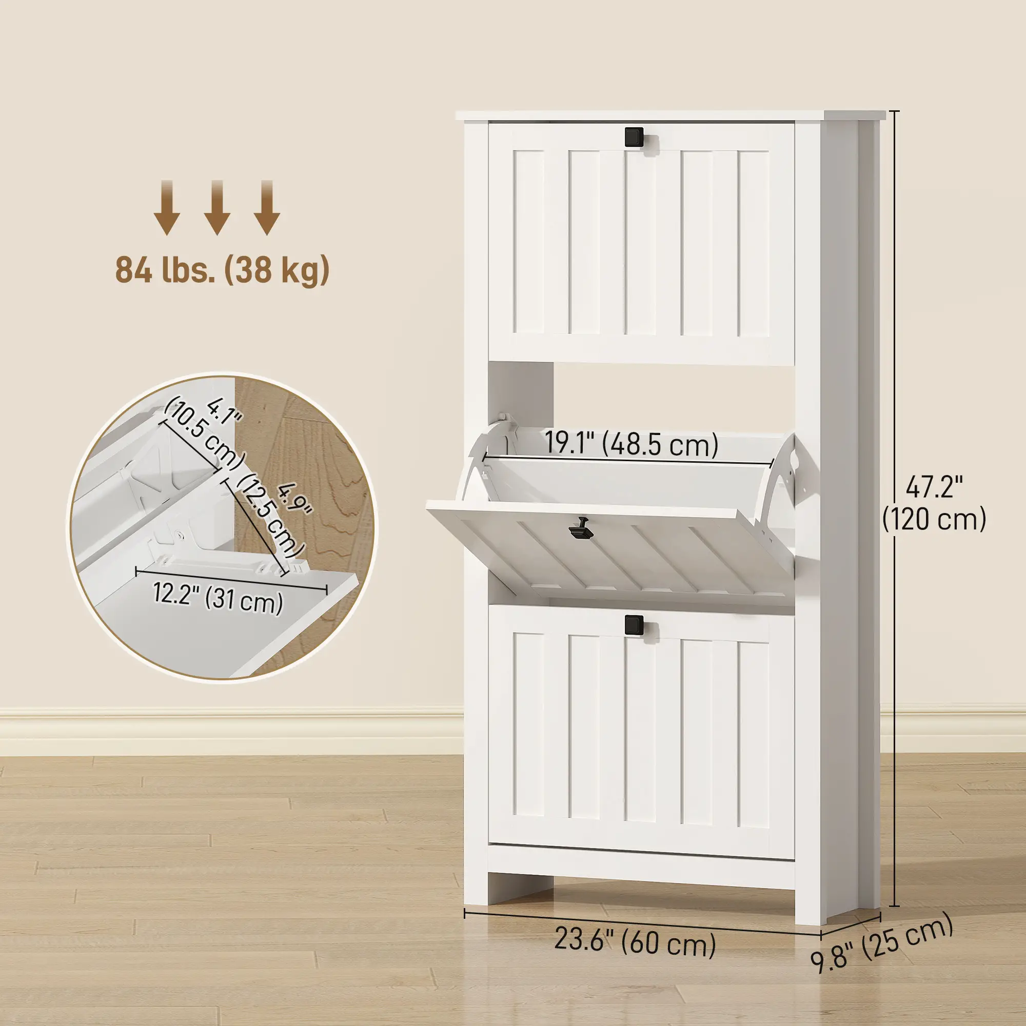 Slim Shoe Cabinet, 3 Flip Drawers, Adjustable Shelves, Holds 12 Pairs, White - Image 3