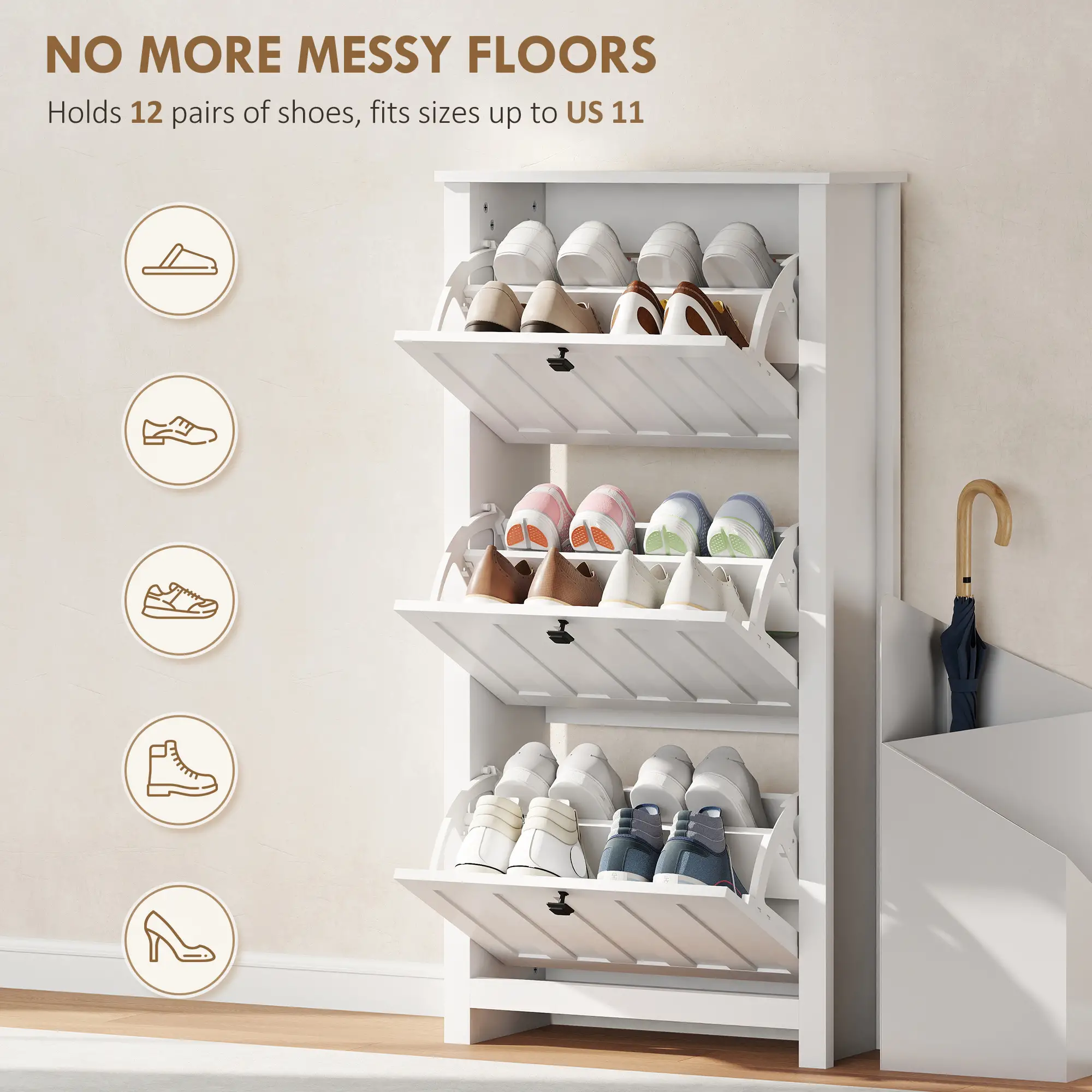 Slim Shoe Cabinet, 3 Flip Drawers, Adjustable Shelves, Holds 12 Pairs, White - Image 4