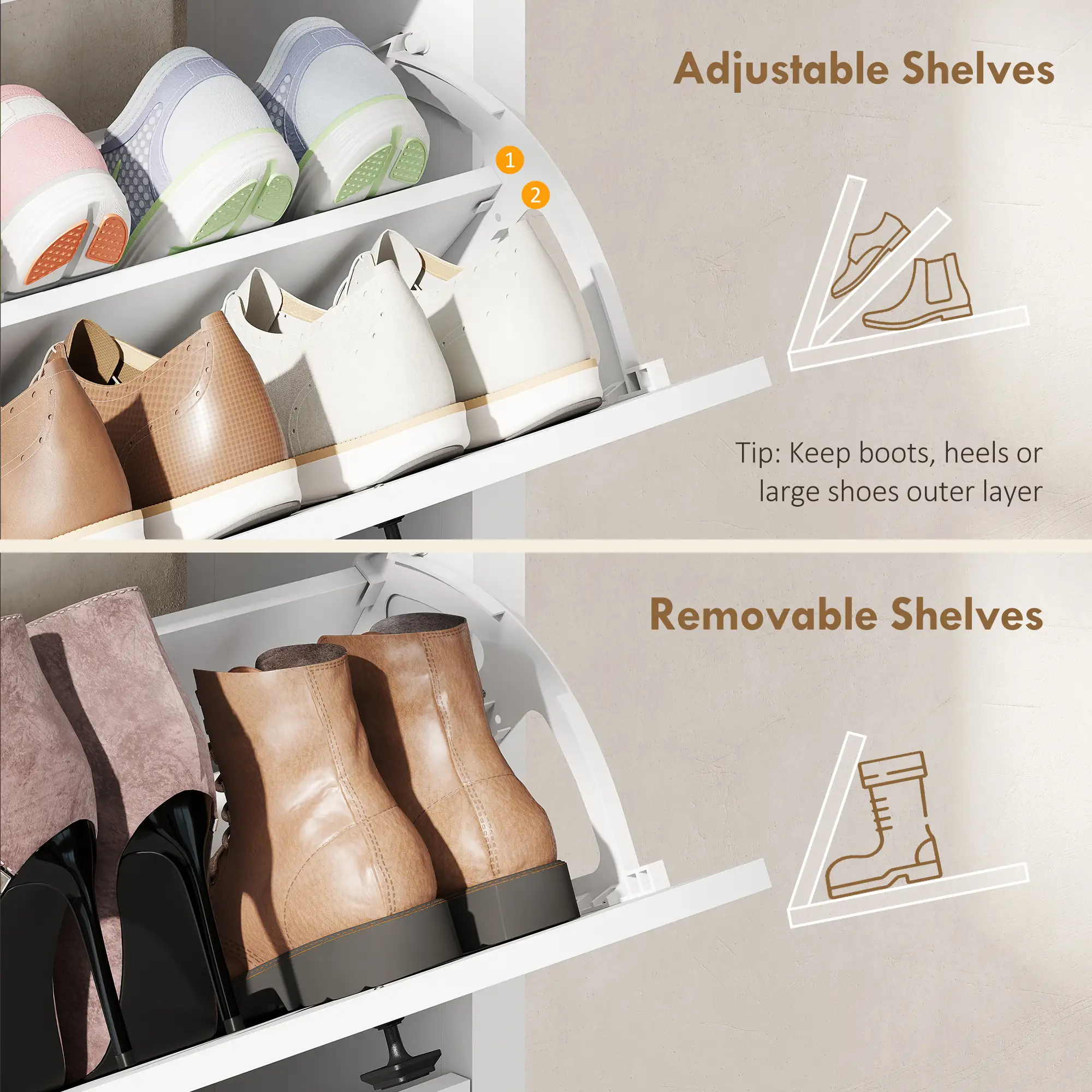 Slim Shoe Cabinet, 3 Flip Drawers, Adjustable Shelves, Holds 12 Pairs, White - Image 5