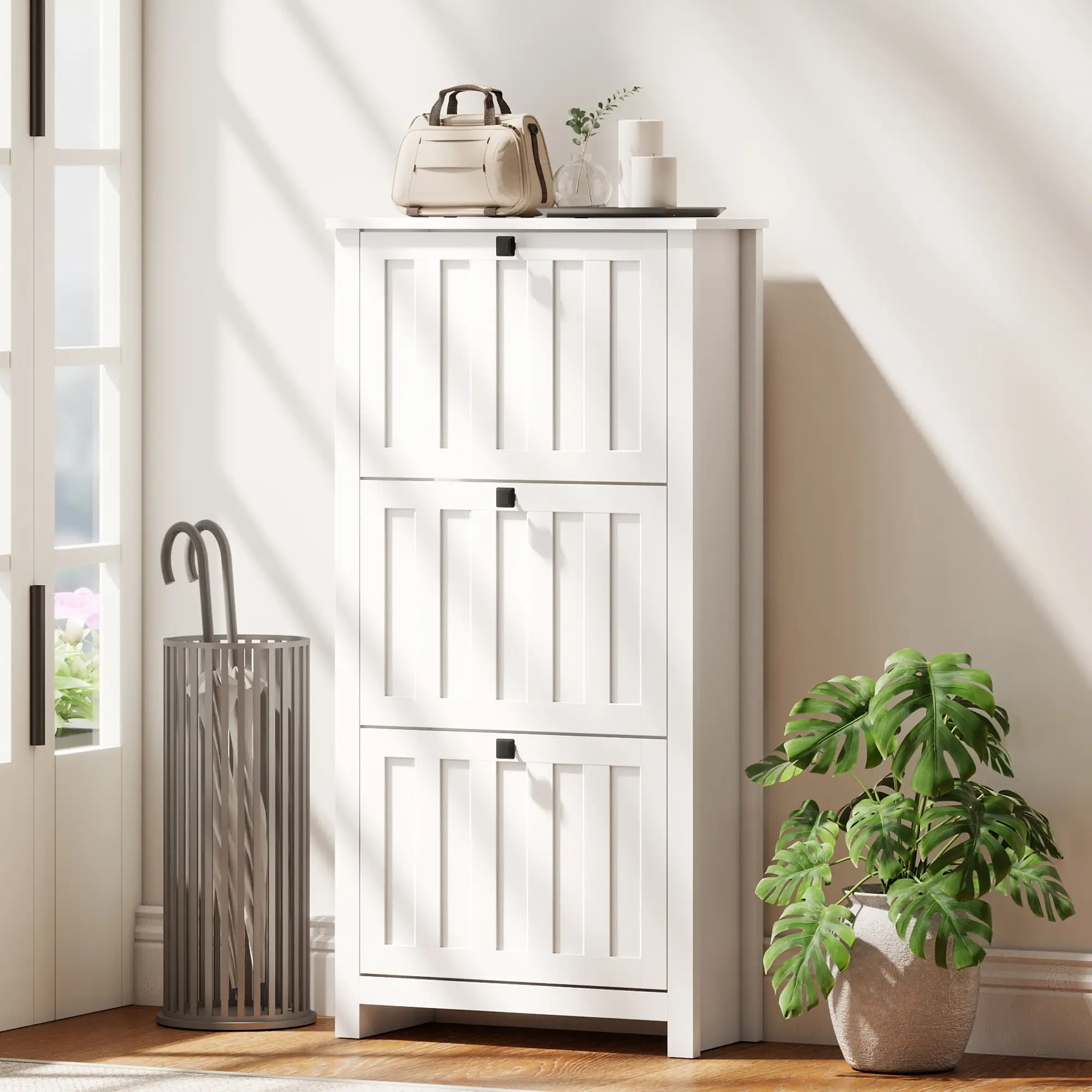 Slim Shoe Cabinet, 3 Flip Drawers, Adjustable Shelves, Holds 12 Pairs, White - Image 8