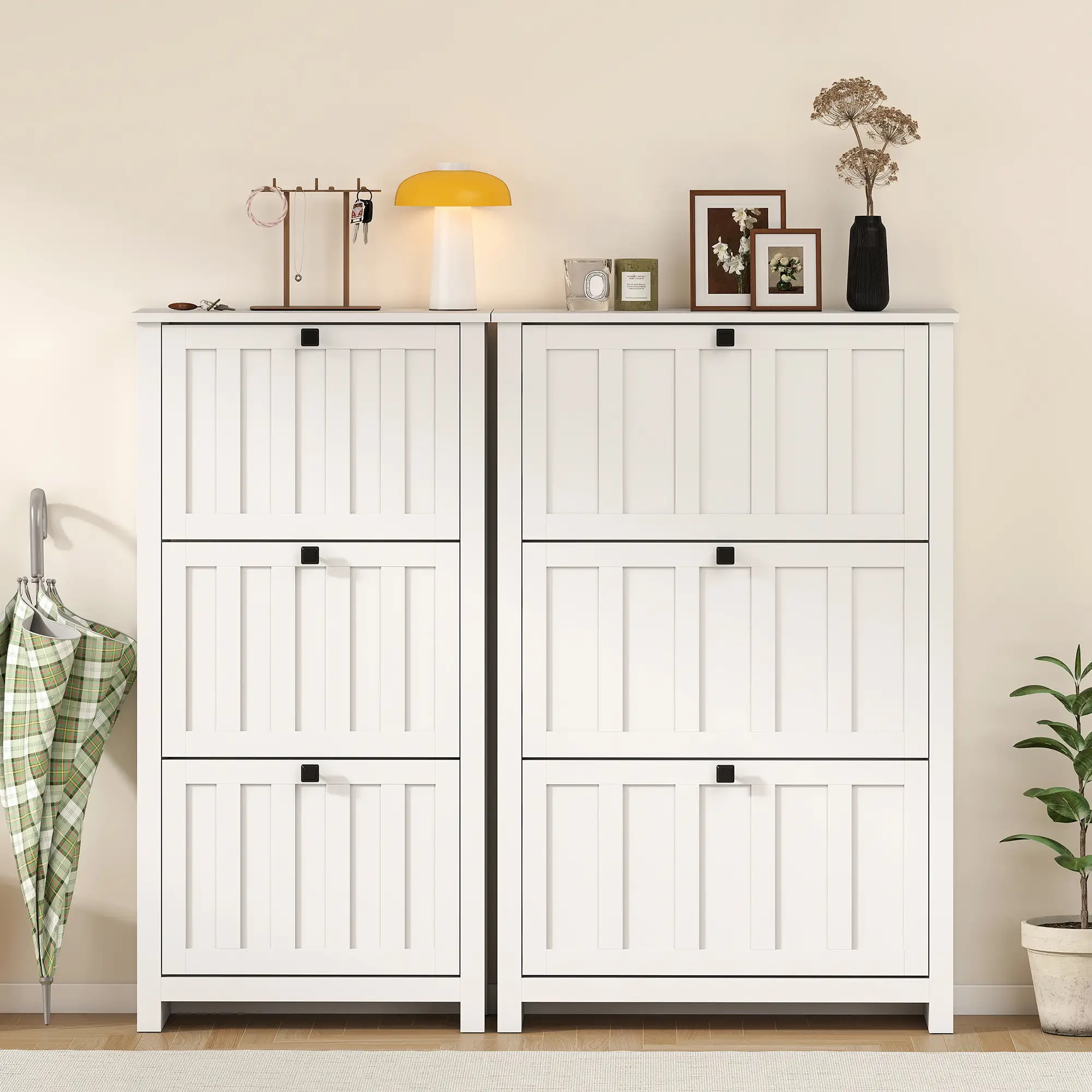 Slim Shoe Cabinet, 3 Flip Drawers, Adjustable Shelves, Holds 12 Pairs, White - Image 9