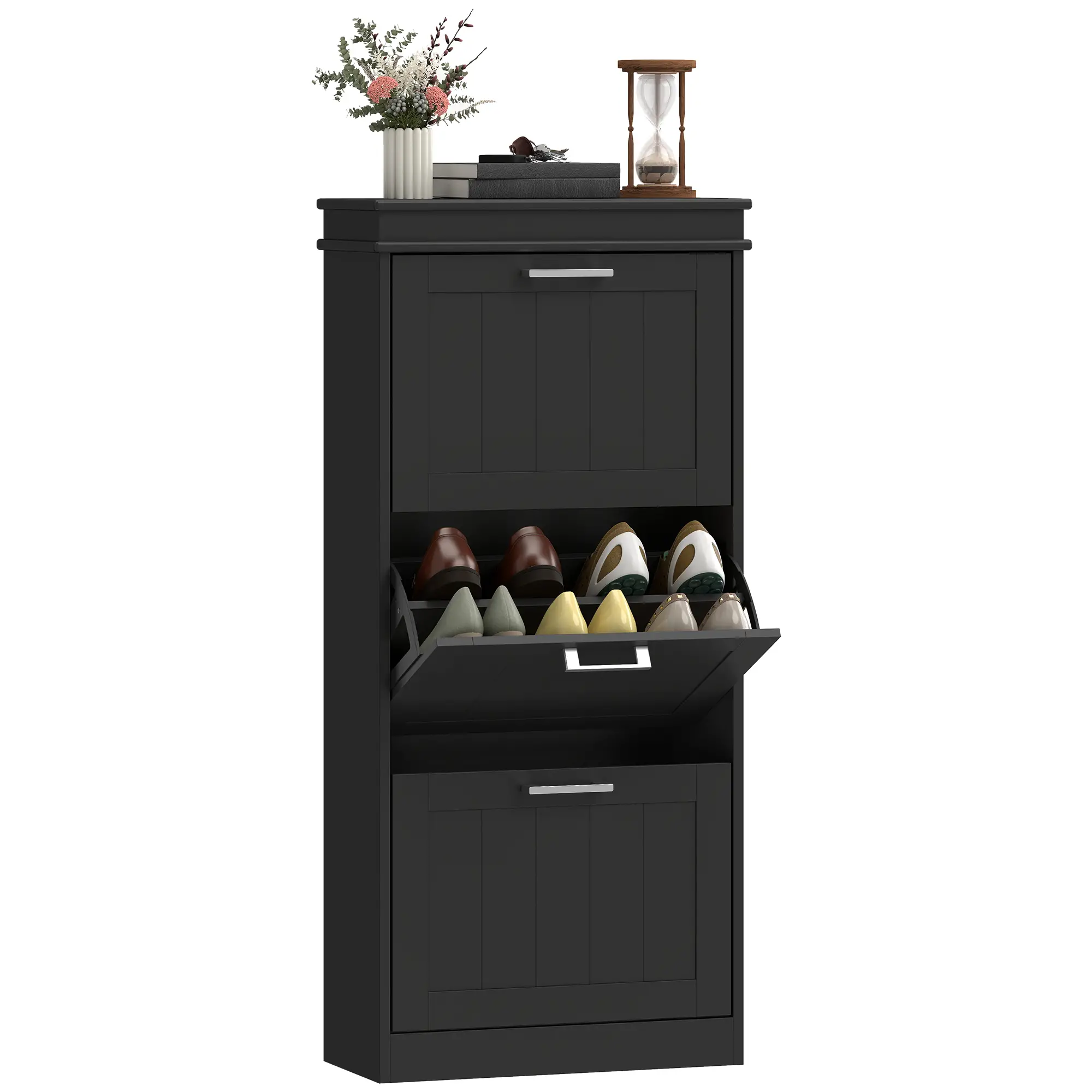 Slim Shoe Cabinet, 3 Flip Drawers, Adjustable Shelves, Holds 15 Pairs, Black - Image 11
