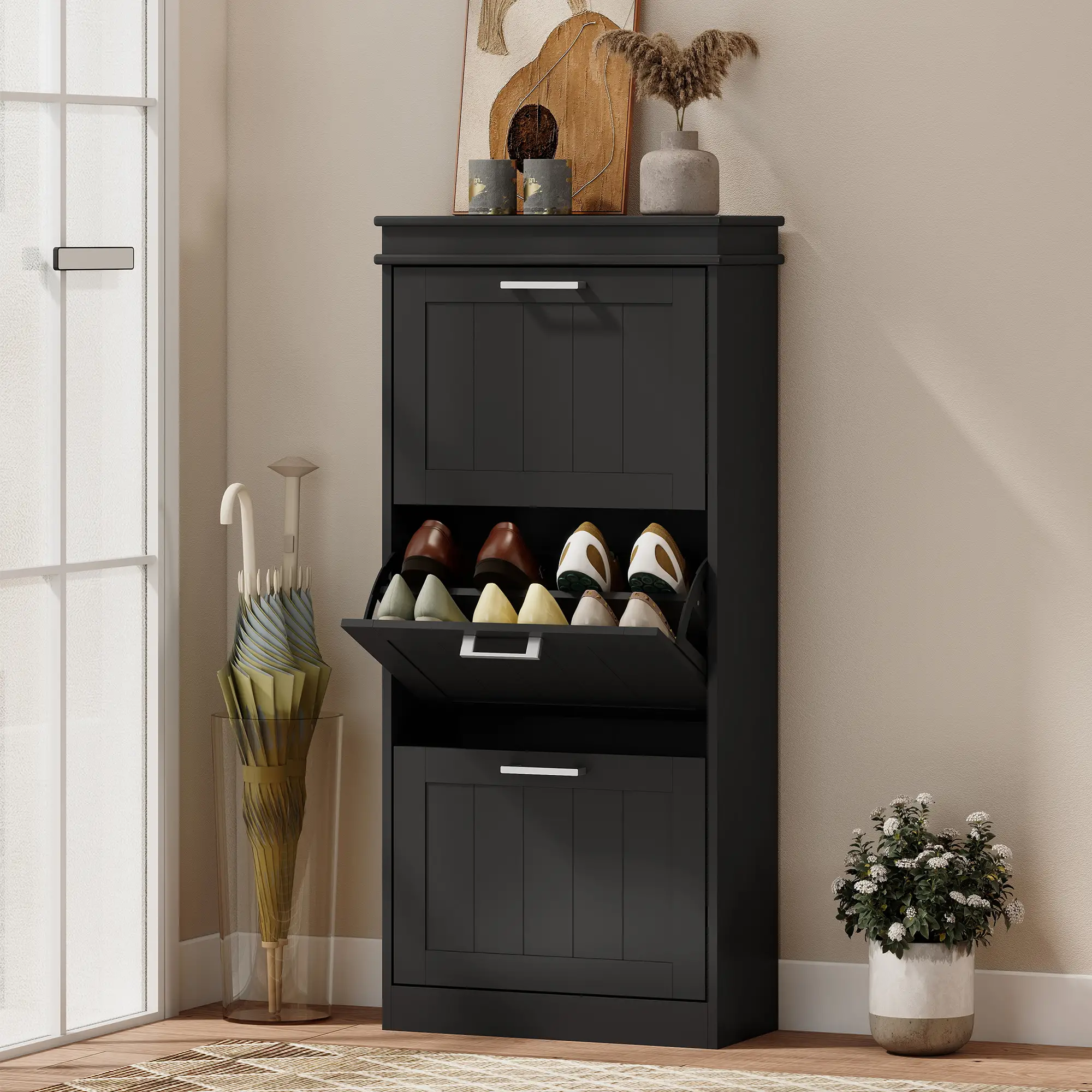 Slim Shoe Cabinet, 3 Flip Drawers, Adjustable Shelves, Holds 15 Pairs, Black - Image 2