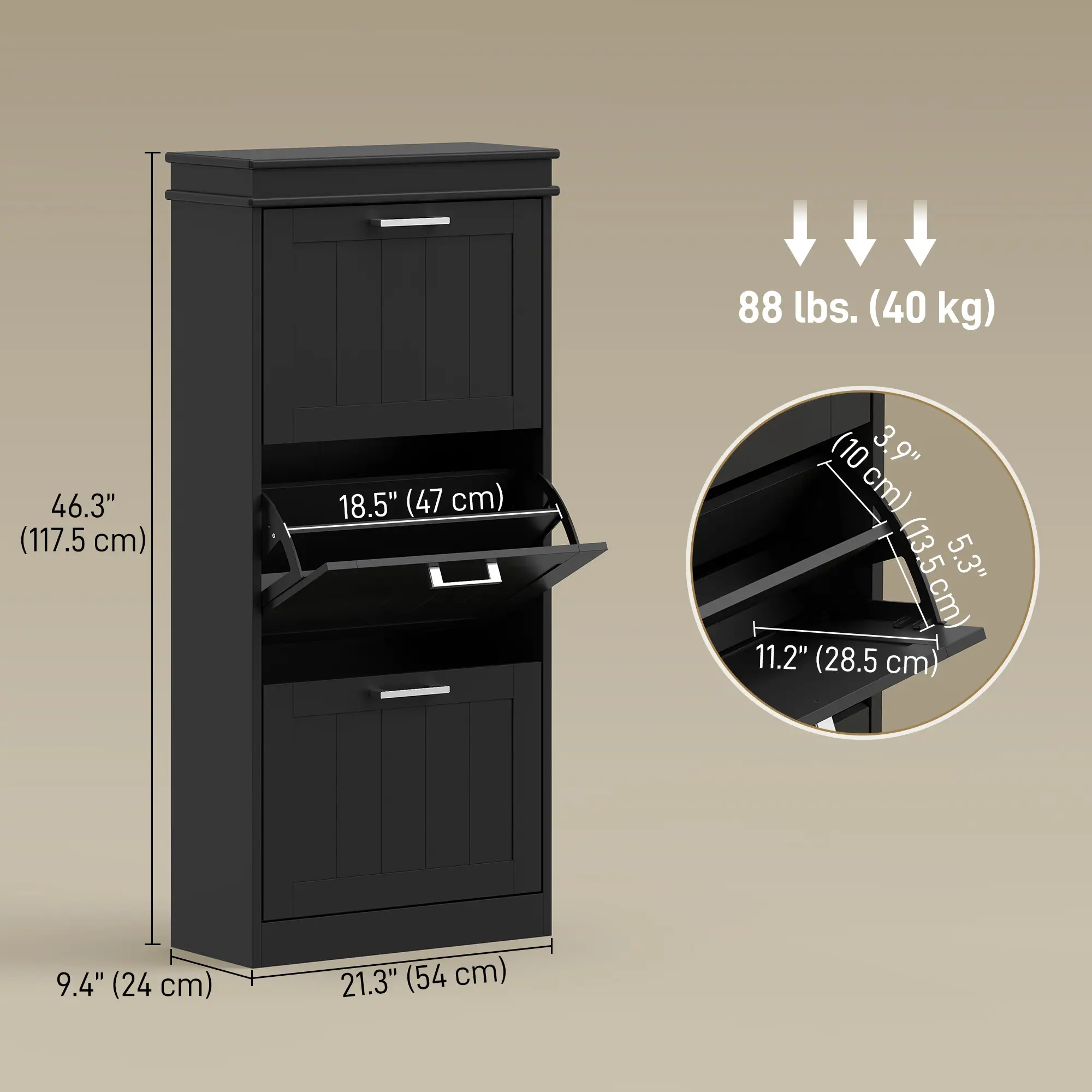 Slim Shoe Cabinet, 3 Flip Drawers, Adjustable Shelves, Holds 15 Pairs, Black - Image 3
