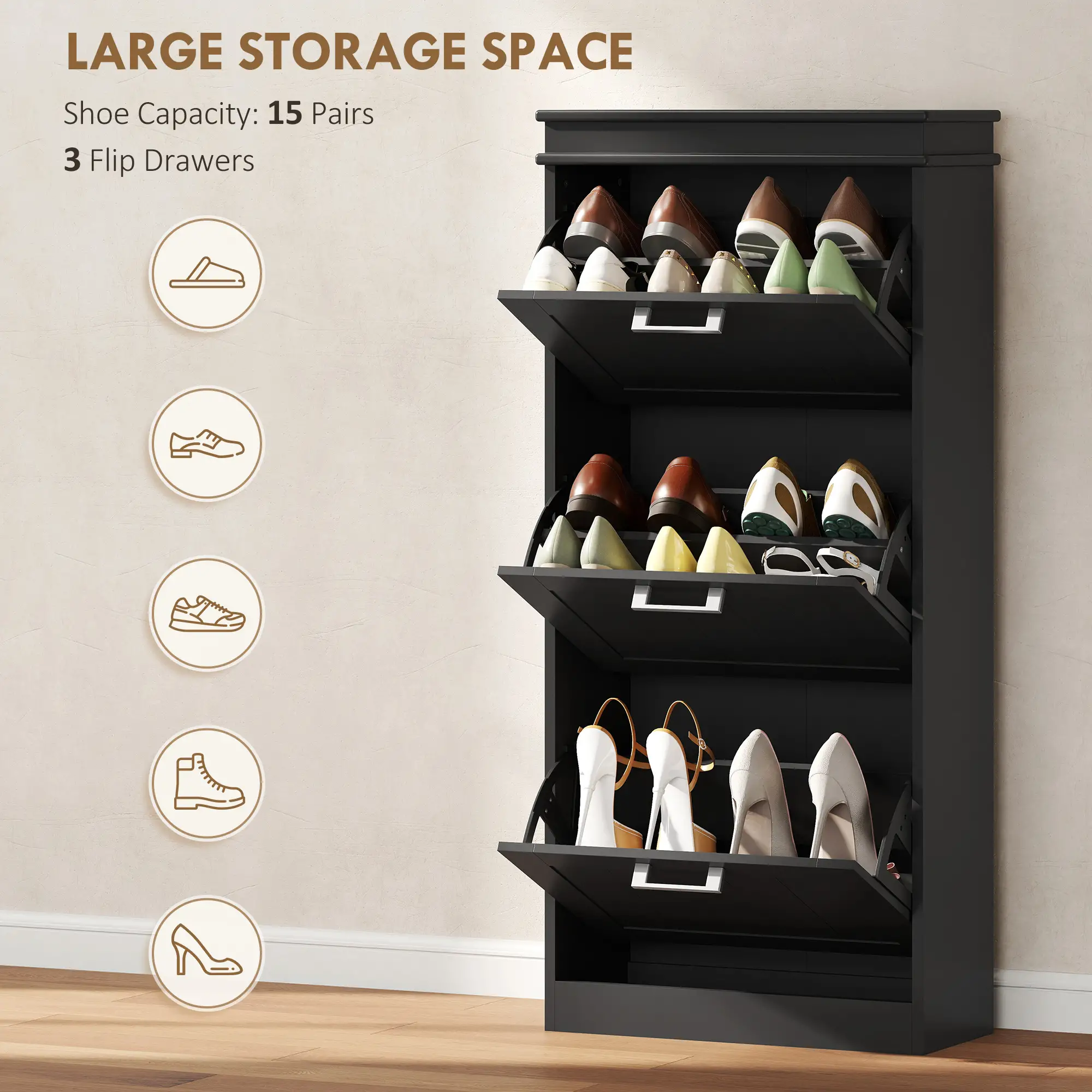 Slim Shoe Cabinet, 3 Flip Drawers, Adjustable Shelves, Holds 15 Pairs, Black - Image 4