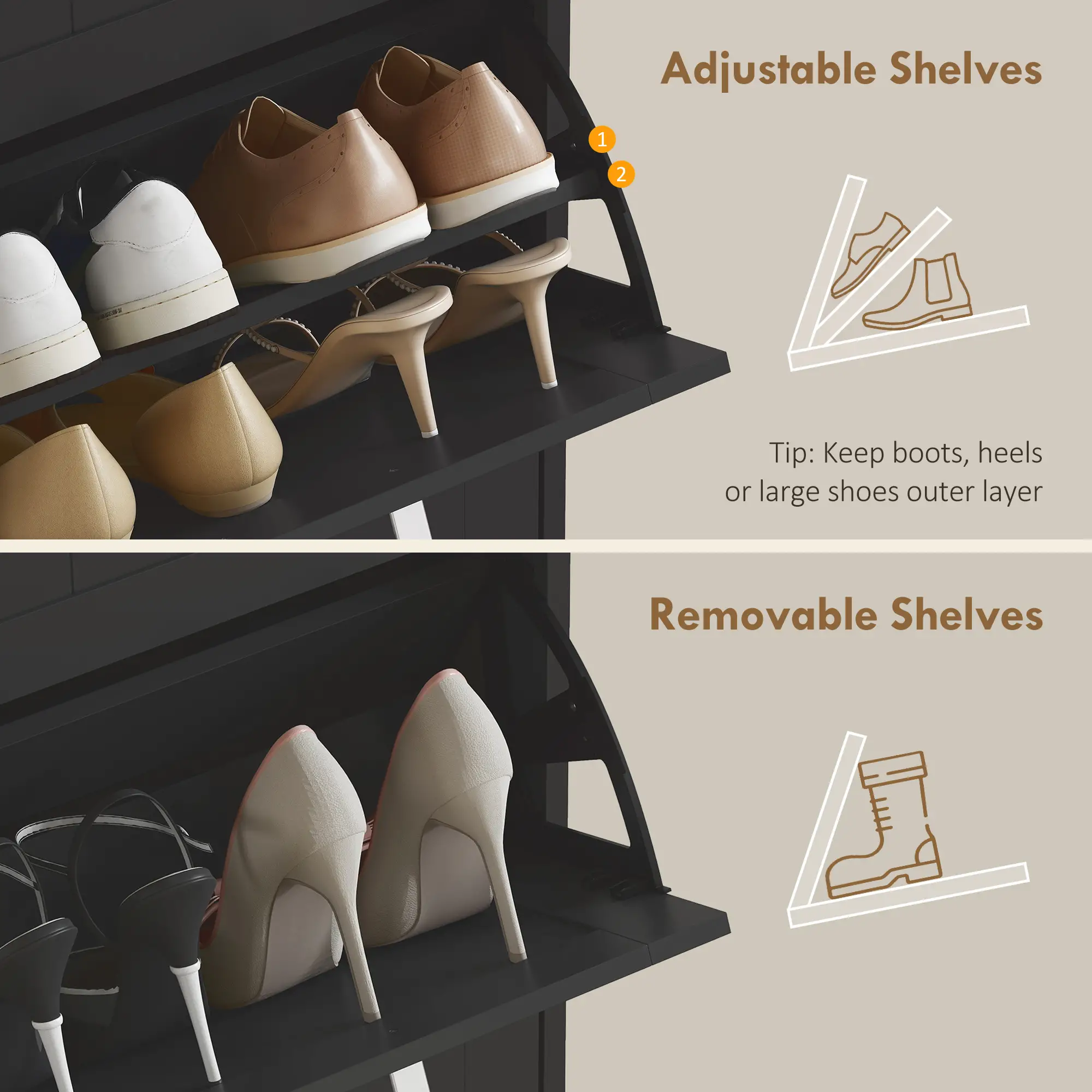 Slim Shoe Cabinet, 3 Flip Drawers, Adjustable Shelves, Holds 15 Pairs, Black - Image 5