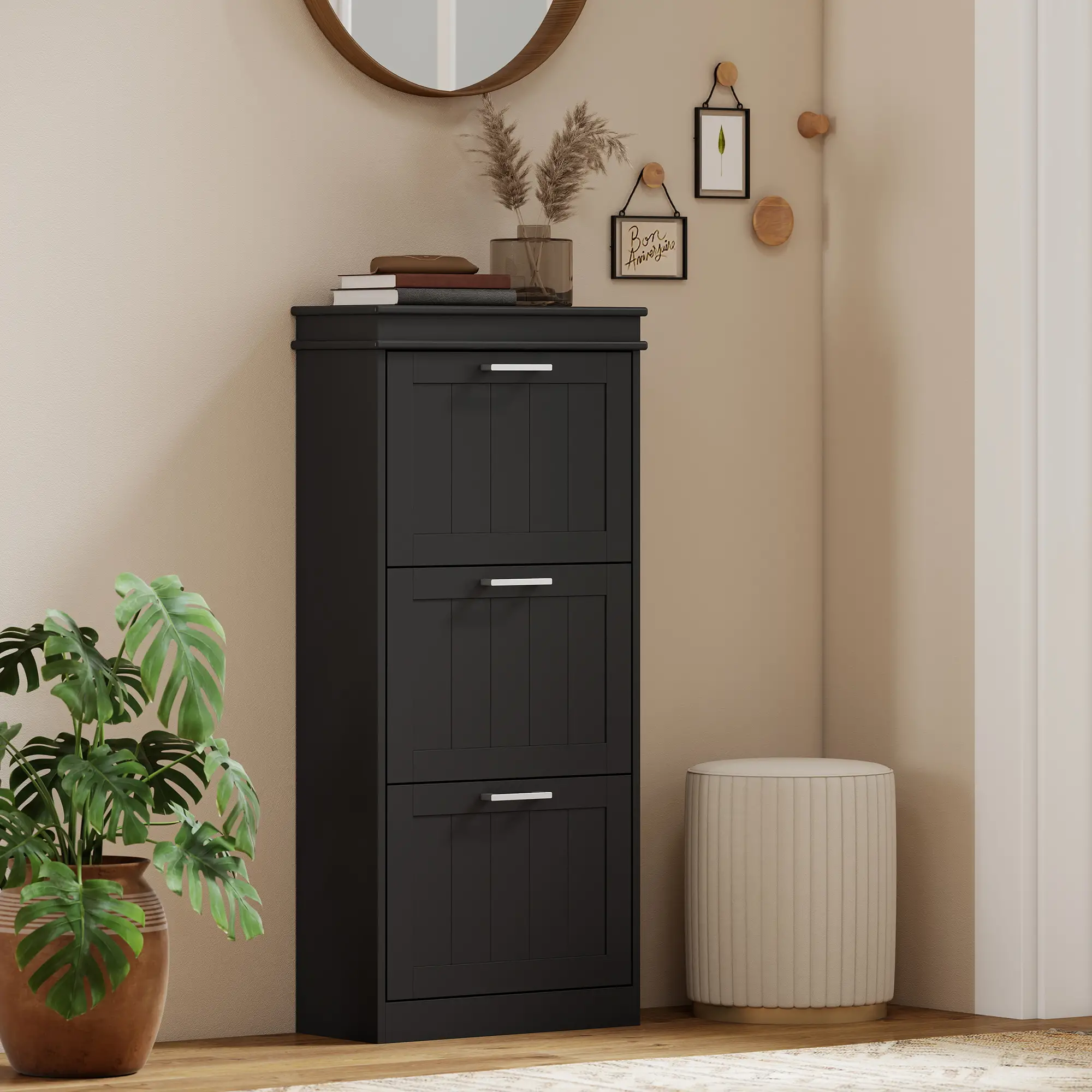 Slim Shoe Cabinet, 3 Flip Drawers, Adjustable Shelves, Holds 15 Pairs, Black - Image 7
