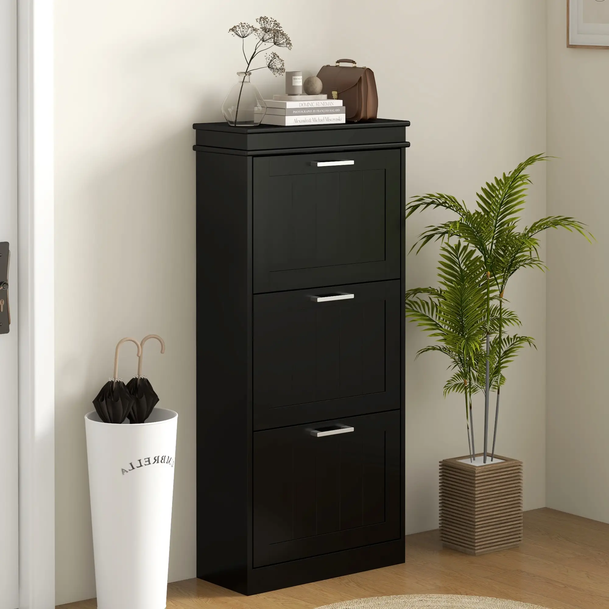 Slim Shoe Cabinet, 3 Flip Drawers, Adjustable Shelves, Holds 15 Pairs, Black - Image 8