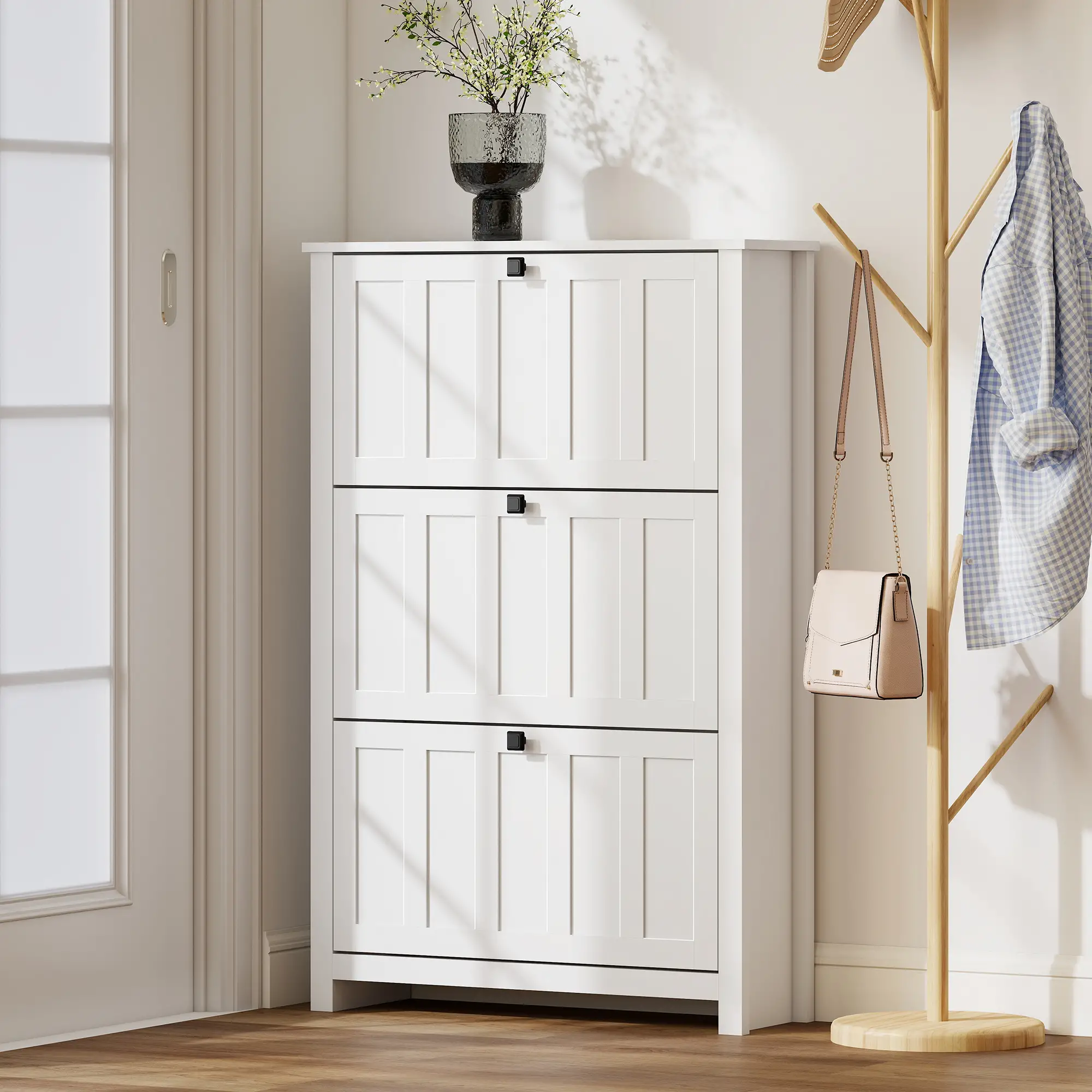 Slim Shoe Cabinet, 3 Flip Drawers, Adjustable Shelves, Holds 18 Pairs, White - Image 10