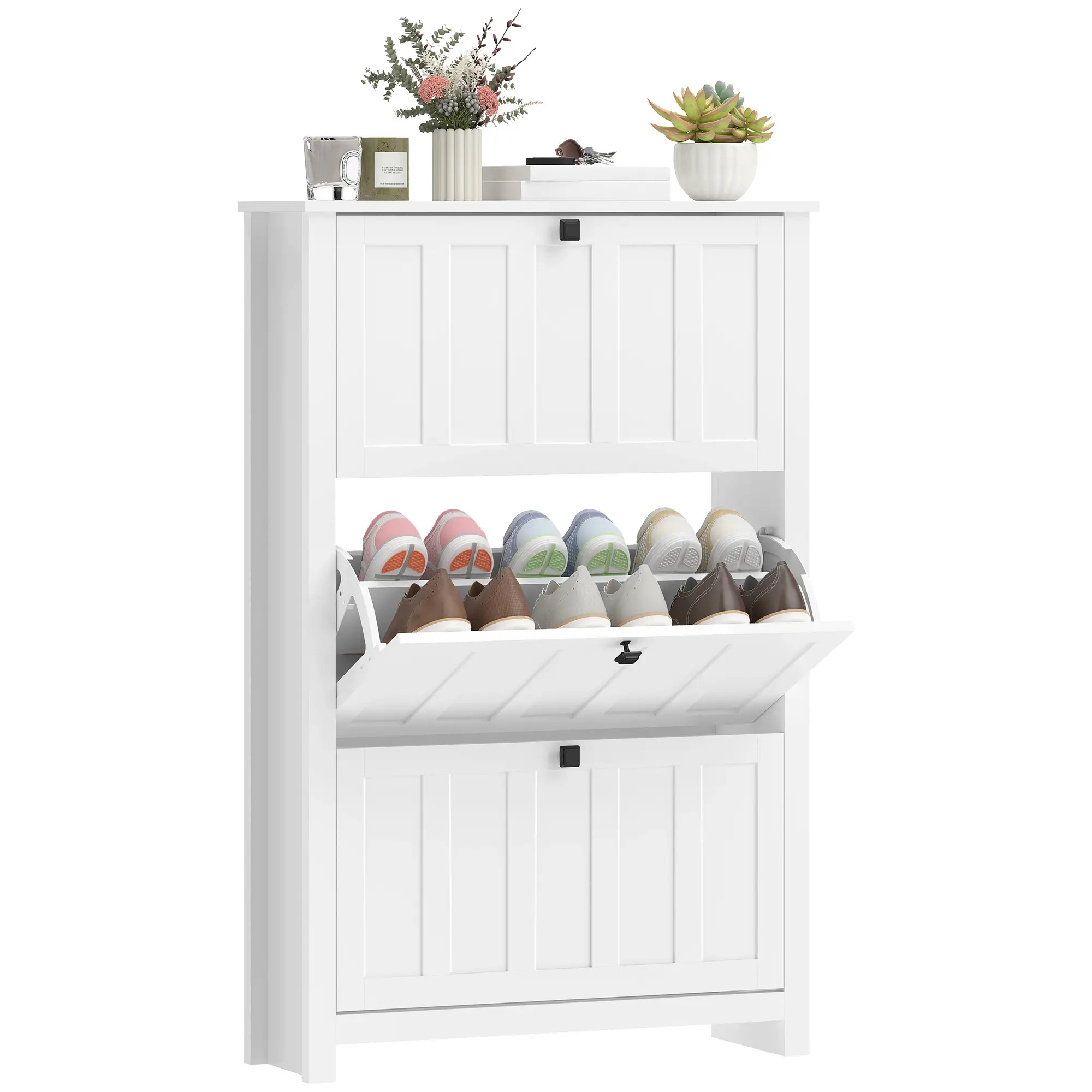 Slim Shoe Cabinet, 3 Flip Drawers, Adjustable Shelves, Holds 18 Pairs, White - Image 11