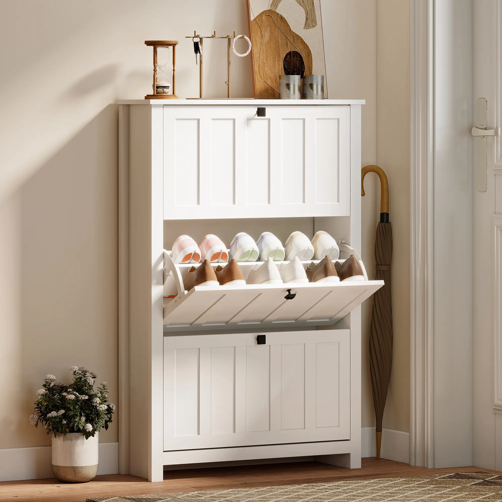 Slim Shoe Cabinet, 3 Flip Drawers, Adjustable Shelves, Holds 18 Pairs, White - Image 2